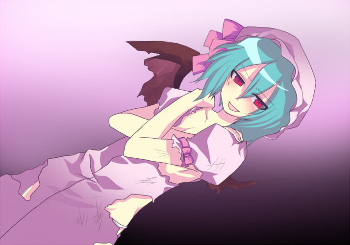 remilia scarlet, touhou, 1girl, covering breasts, covering privates, cowboy shot, dress, female focus, gradient background, hair between eyes, hat, mob cap, nervous smile, pink hat, purple background, smile, solo, torn clothes, torn dress, wings