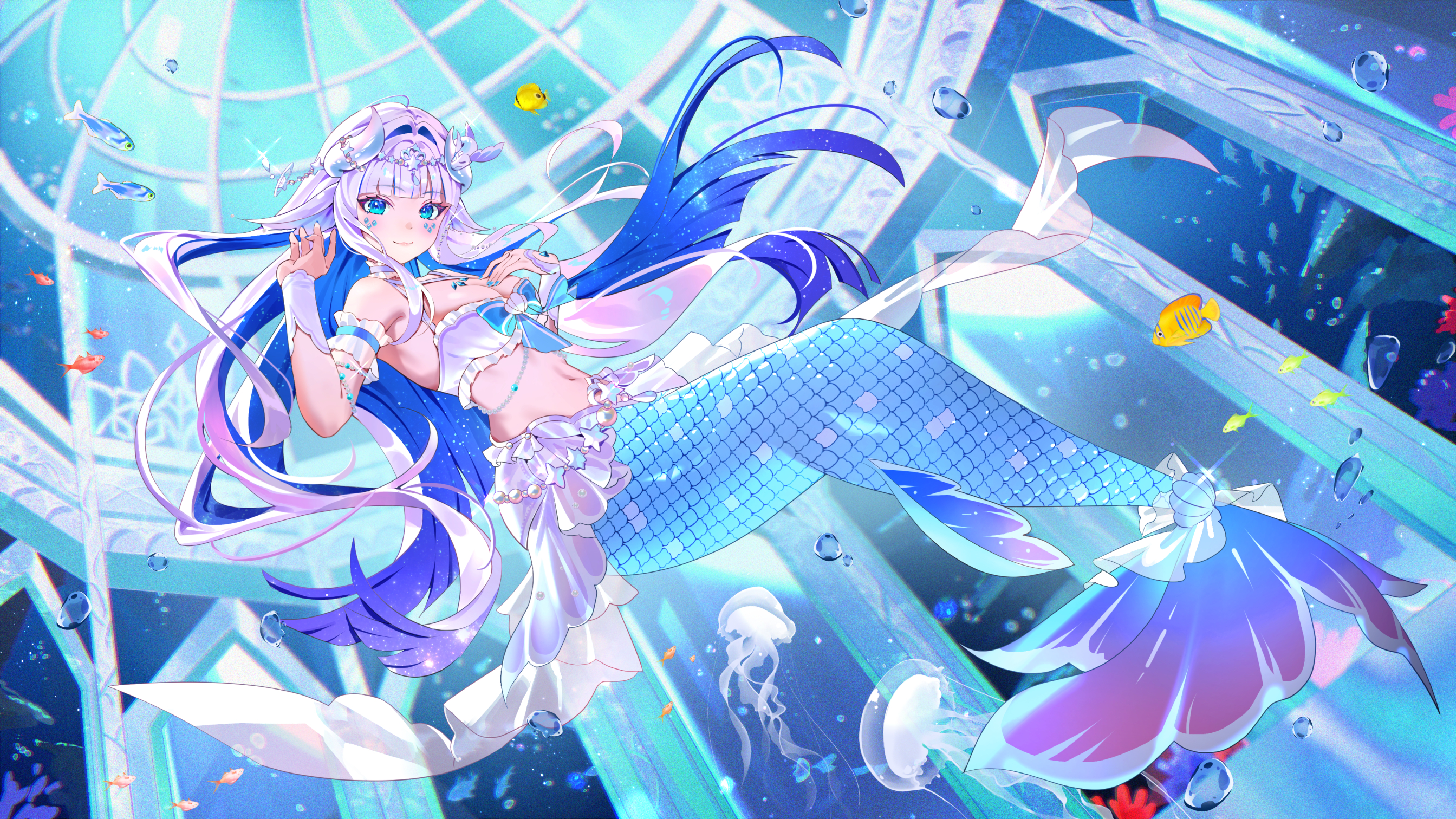 azna, feeshyz, indie virtual youtuber, commission, highres, skeb commission, 1girl, blue bow, blue eyes, blue hair, bow, breasts, bubble, cleavage, closed mouth, colored inner hair, fish, grey hair, hair ornament, horn ornament, horns, jellyfish, long hair, mermaid, monster girl, multicolored hair, navel, scales, shell, solo, stomach, virtual youtuber, white horns
