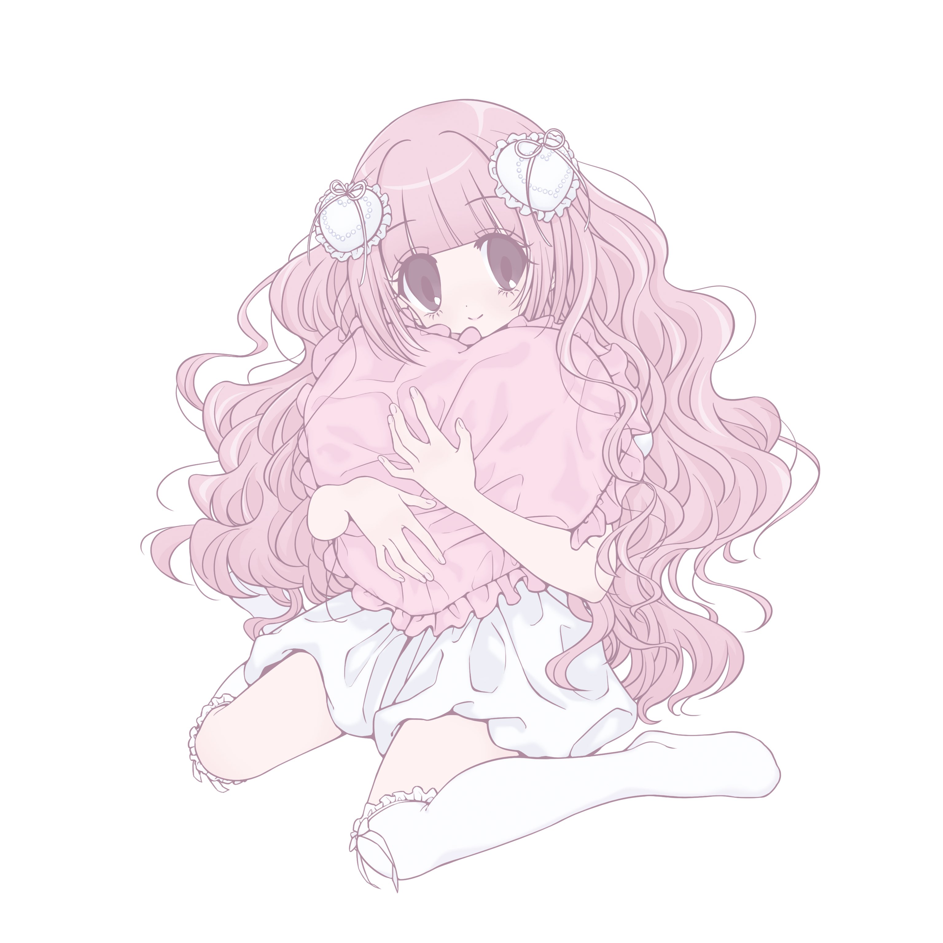 original, absurdres, commentary, english commentary, highres, 1girl, brown eyes, closed mouth, dress, frilled pillow, frills, hair ornament, heart, heart-shaped pillow, heart hair ornament, holding, holding pillow, long hair, looking at viewer, pastel colors, pillow, pink ribbon, pink theme, pumpum, ribbon, simple background, sitting, smile, solo, thighhighs, very long hair, wariza, wavy hair, white background, white dress, white thighhighs