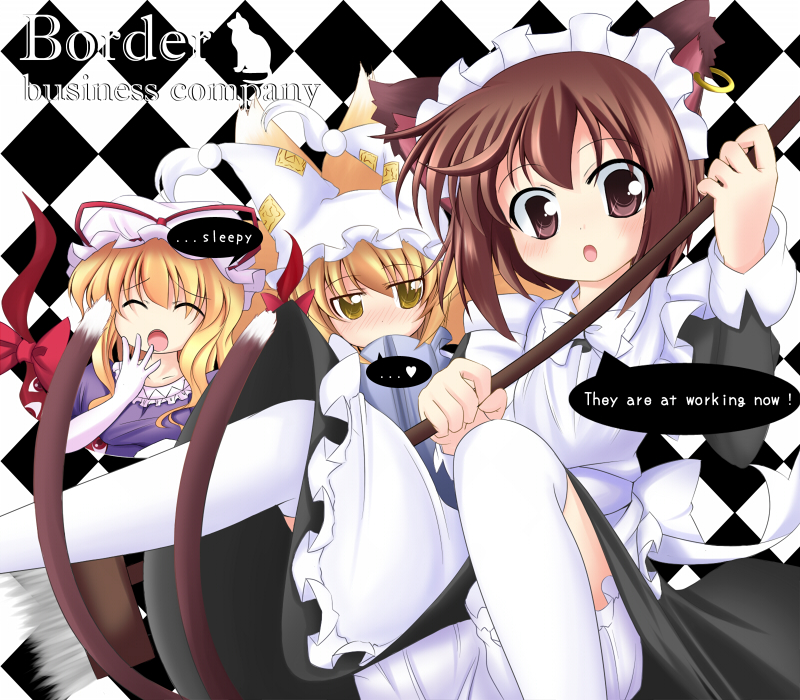 makino (ukiuo), chen, yakumo ran, yakumo yukari, touhou, 3girls, alternate costume, animal ears, animal hat, blonde hair, blush, broom, brown eyes, brown hair, cat ears, cat girl, cat tail, earrings, english text, engrish text, enmaided, female focus, hat, heart, jewelry, long sleeves, maid, maid headdress, mob cap, multiple girls, multiple tails, ranguage, short hair, tail, tassel, thighhighs, wide sleeves, yawning, yellow eyes