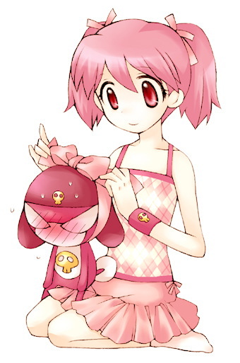 giroro, hinata natsumi, keroro gunsou, 1girl, blush, camisole, collarbone, creature, expressionless, female focus, full-face blush, holding, pink hair, pink skirt, pleated skirt, red eyes, red hair, seiza, short hair, simple background, sitting, skirt, solo, white background