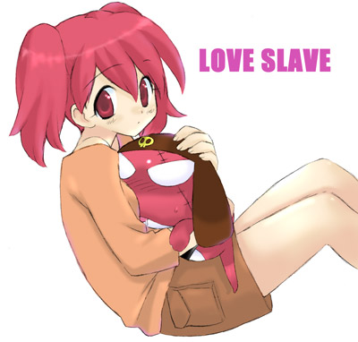 giroro, hinata natsumi, keroro gunsou, lowres, 1girl, bare legs, brown eyes, creature, english text, female focus, hug, knees up, long sleeves, looking at viewer, red eyes, red hair, short twintails, shorts, simple background, solo, sweater, text focus, twintails, white background