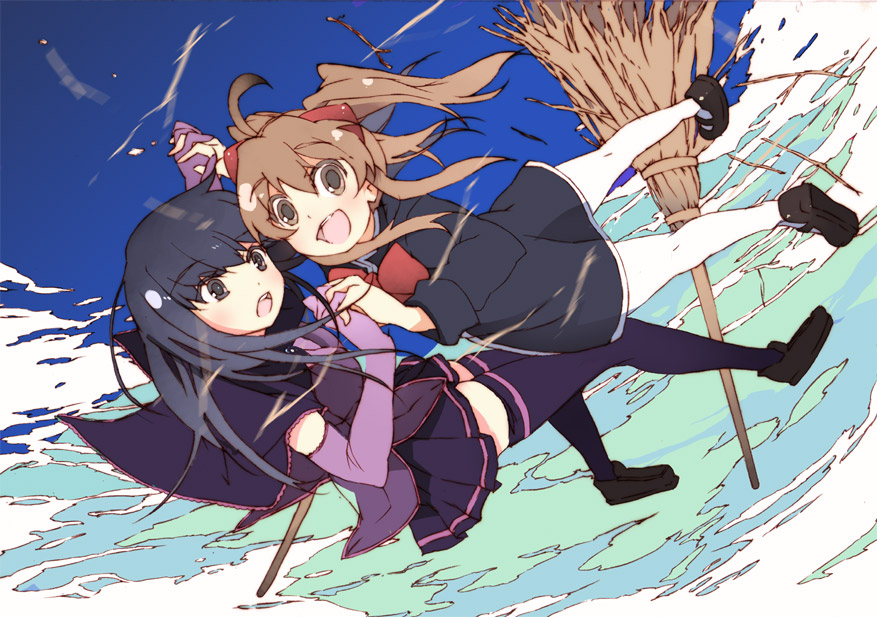 kitano yuusuke, aloe, aloe (quiz magic academy), malariya, quiz magic academy, 2girls, broom, broom riding, multiple girls, thighhighs, zettai ryouiki