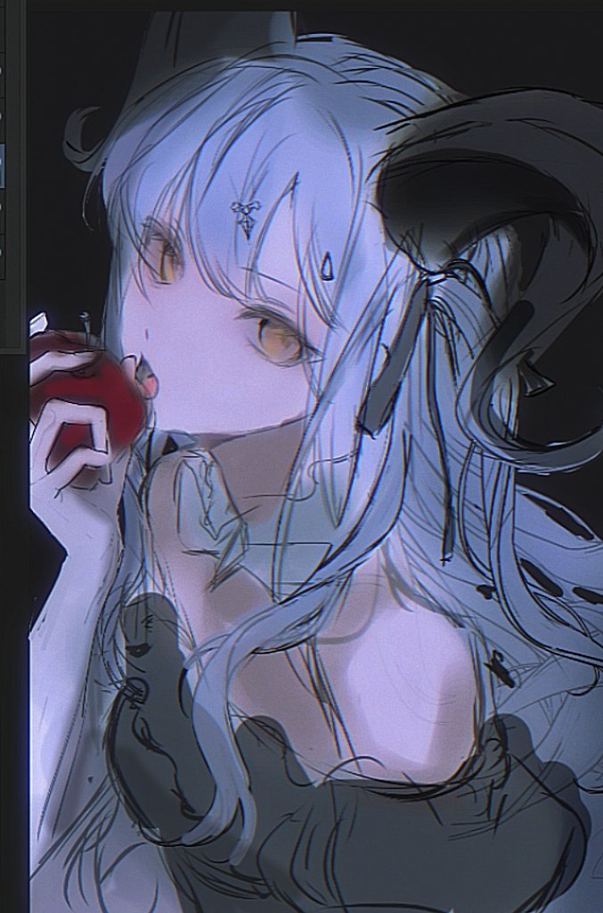 call1224, togawa sakiko, arknights, bang dream!, bang dream! it's mygo!!!!!, commentary, hashtag-only commentary, unfinished, 1girl, apple, art program in frame, bare shoulders, black background, black horns, black ribbon, blue hair, curled horns, food, fruit, hair ribbon, hand up, holding, holding food, holding fruit, horns, long hair, looking at viewer, official alternate costume, ribbon, sidelocks, solo, togawa sakiko (master of melodia), upper body, yellow eyes