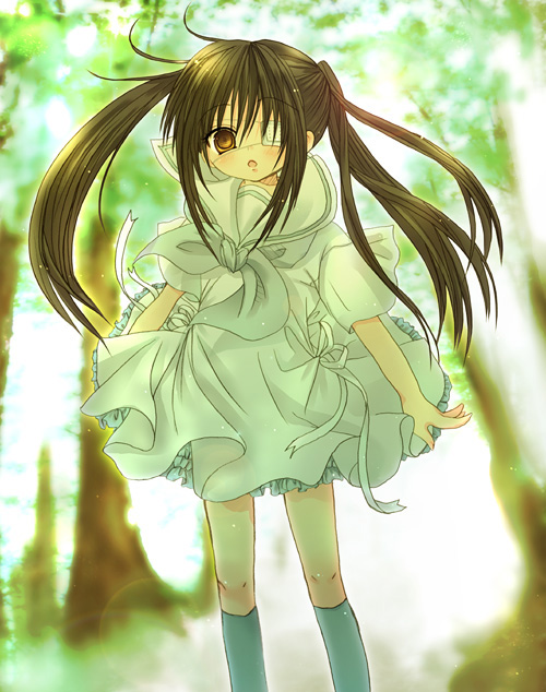 kikurage esuko, yagyuu kyuubei, gintama, 1girl, eyepatch, female focus, long hair, school uniform, serafuku, socks, solo, twintails