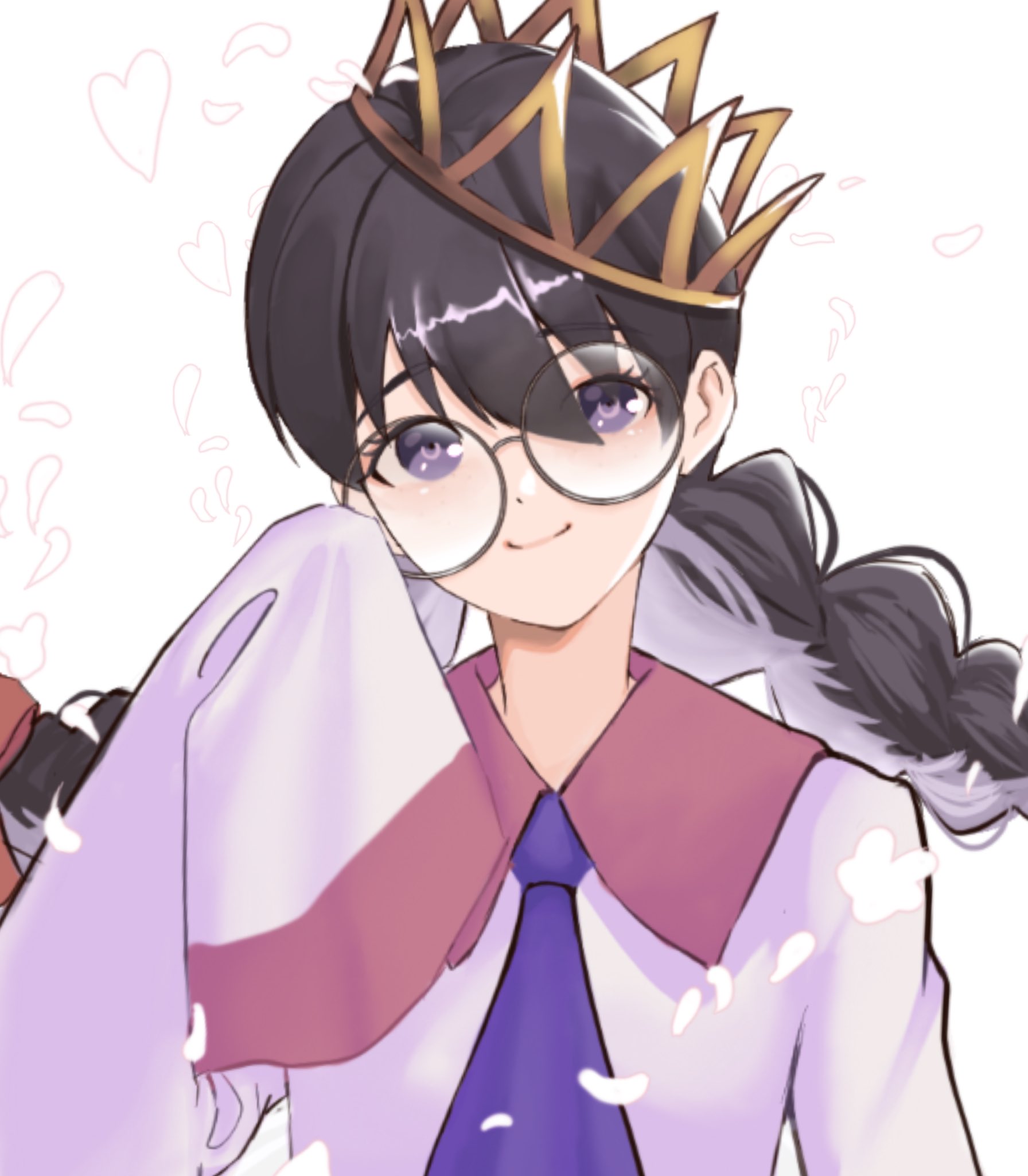 ripple star queen, kirby (series), kirby 64, nintendo, cropped, highres, 1girl, black hair, braid, crown, glasses, haruchika (spring 0 a), long hair, looking at viewer, low twin braids, petals, purple eyes, sleeves past fingers, sleeves past wrists, smile, solo, twin braids, white background