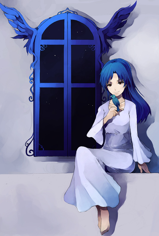 pos (shiratama-ya), kisaragi chihaya, idolmaster, idolmaster (classic), idolmaster 1, 00s, 1girl, barefoot, bird, bird on hand, blue hair, dress, female focus, light smile, long hair, night, sitting, solo, white dress, window