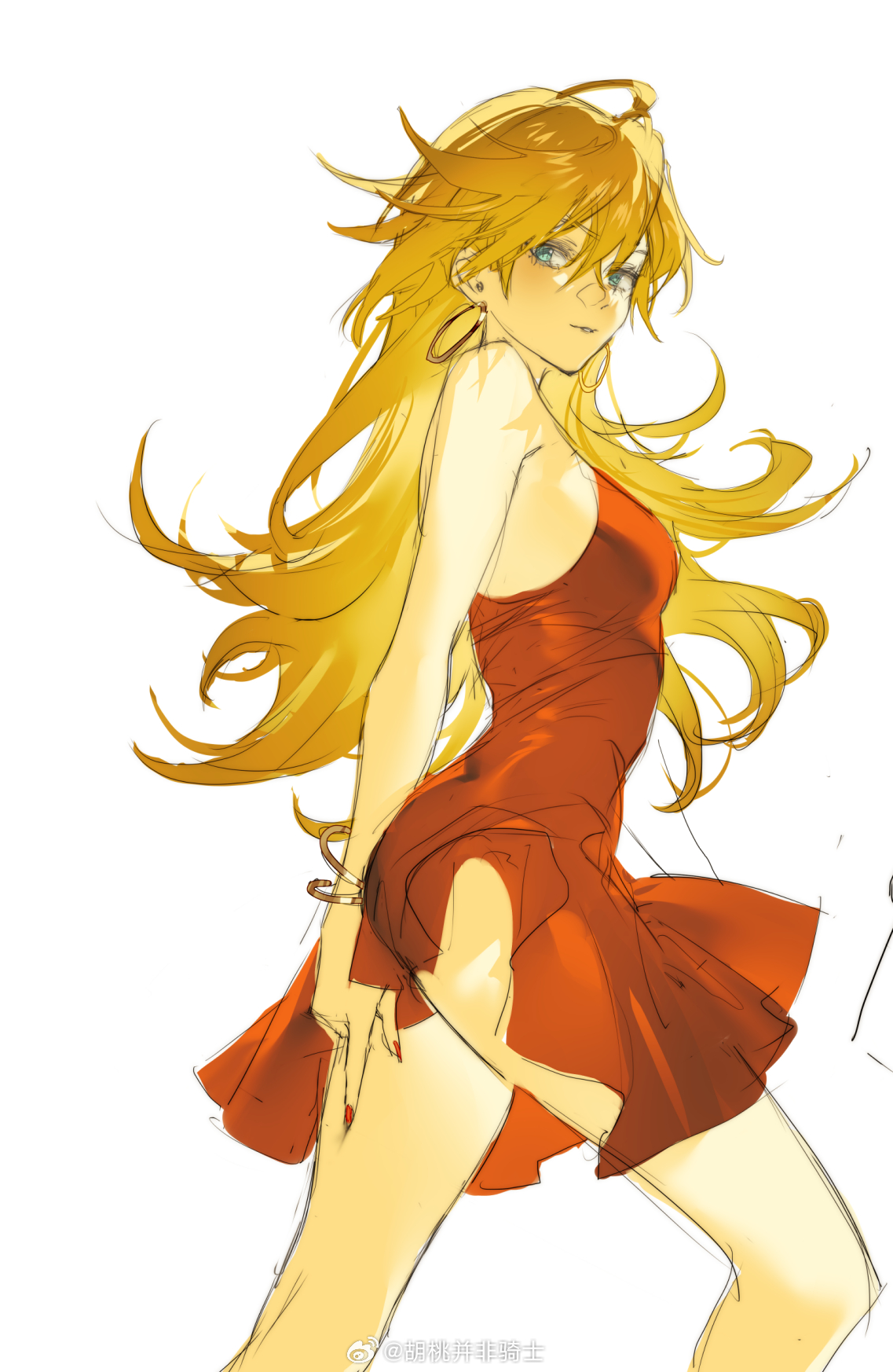 kurumi (recycllamo), panty (psg), panty & stocking with garterbelt, chinese commentary, commentary request, highres, 1girl, ahoge, bangle, blonde hair, blue eyes, bracelet, breasts, crossed bangs, dress, earrings, feet out of frame, from side, hair between eyes, hoop earrings, jewelry, long hair, looking at viewer, medium breasts, multiple bracelets, nail polish, parted lips, red dress, red nails, simple background, sleeveless, sleeveless dress, solo, standing, very long fingernails, very long hair, watermark, weibo watermark, white background