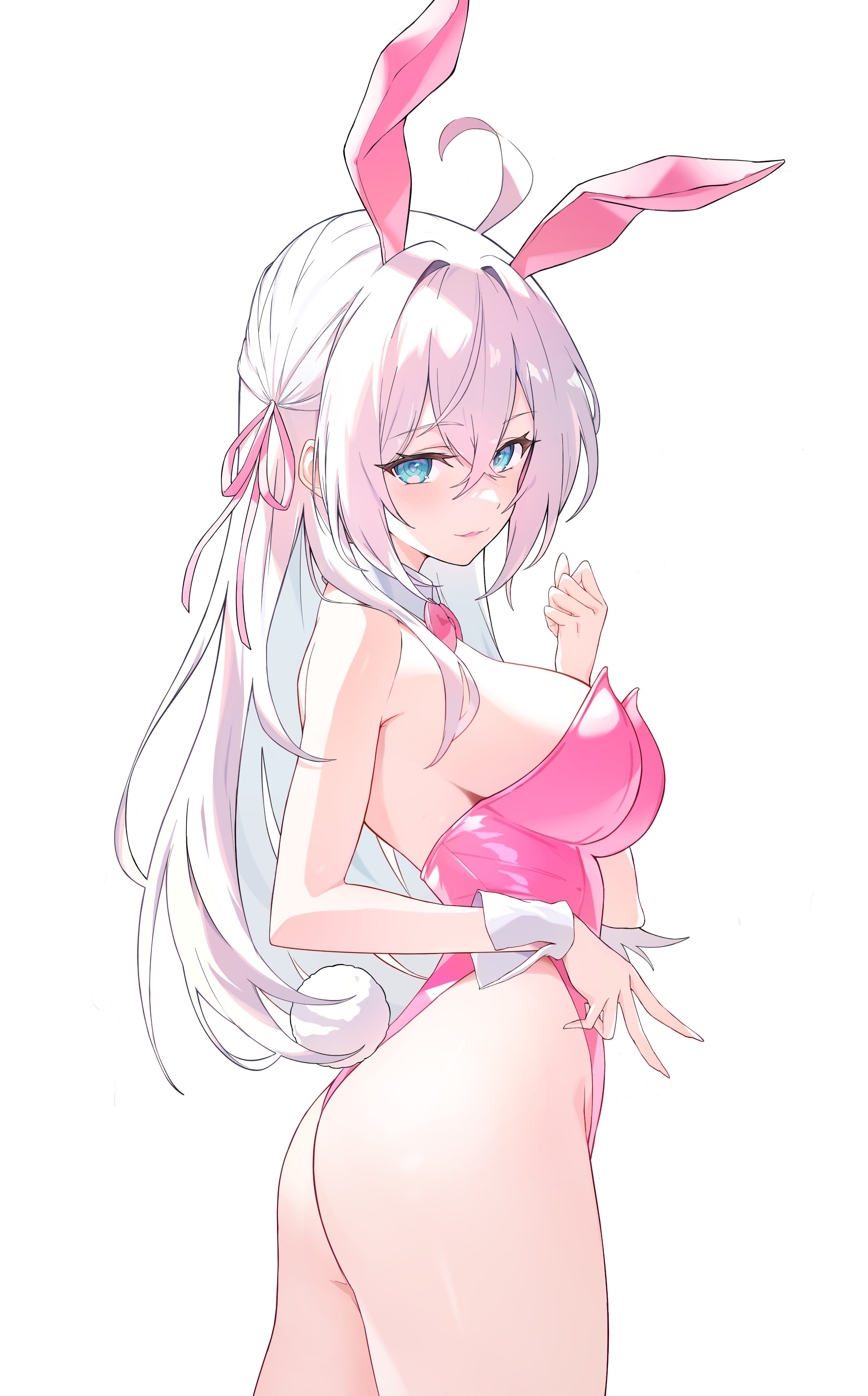 sh1on, alisa mikhailovna kujou, tokidoki bosotto roshia-go de dereru tonari no alya-san, absurdres, highres, 1girl, ahoge, animal ears, ass, bare legs, bare shoulders, blue eyes, blush, bow, bowtie, breasts, collar, crossed bangs, eyelashes, fake animal ears, from side, hair between eyes, hair ornament, hair over shoulder, hair ribbon, highleg, highleg leotard, large breasts, leotard, long hair, looking at viewer, looking to the side, parted lips, pink bow, pink bowtie, pink leotard, pink ribbon, playboy bunny, rabbit hair ornament, rabbit tail, ribbon, sideboob, sidelocks, simple background, solo, tail, thighs, white background, white collar, white hair, white wrist cuffs, wrist cuffs