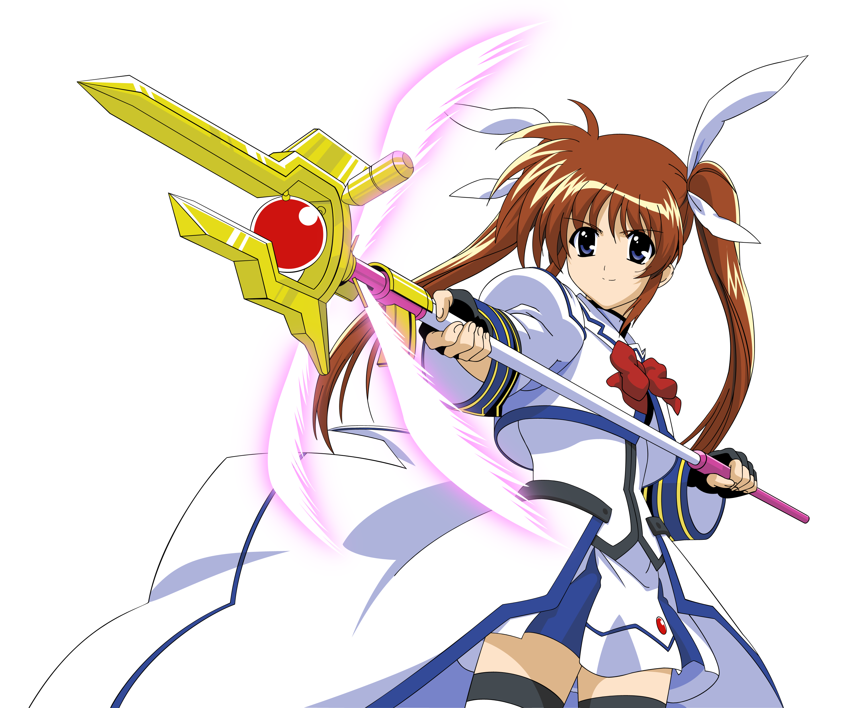raising heart, raising heart (buster mode), takamachi nanoha, lyrical nanoha, mahou shoujo lyrical nanoha, mahou shoujo lyrical nanoha a's, mahou shoujo lyrical nanoha strikers, absurdres, derivative work, highres, vector trace, 00s, 1girl, blue eyes, brown hair, cowboy shot, female focus, holding, holding weapon, solo, thighhighs, transparent background, weapon