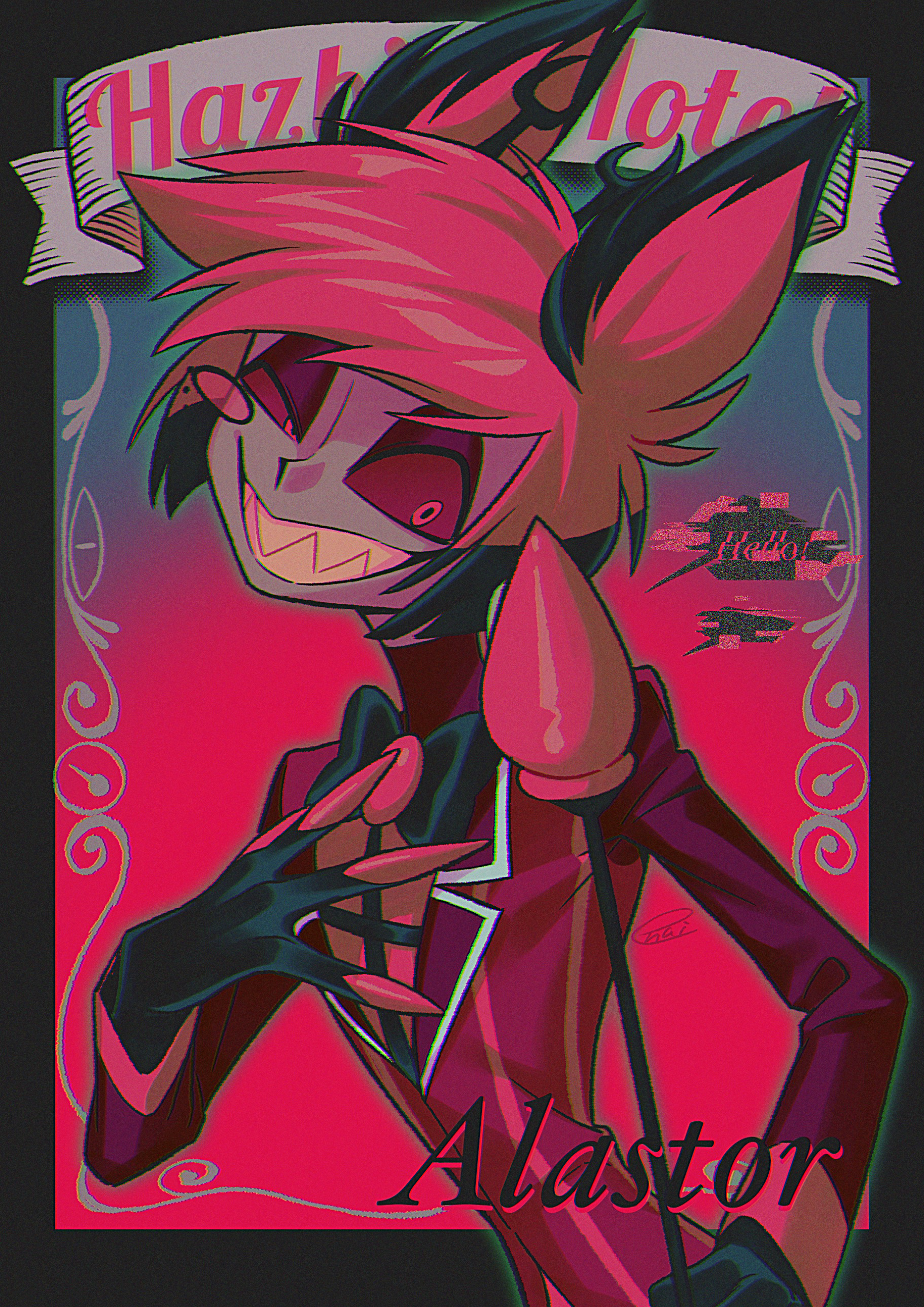 menma (enaic31), alastor (hazbin hotel), hazbin hotel, hellaverse, absurdres, commentary request, highres, redrawn, 1boy, black border, border, character name, chromatic aberration, colored sclera, colored skin, copyright name, english text, film grain, formal clothes, glitch, gloves, grey skin, grin, hand on own chest, holding, holding staff, leaning forward, long sleeves, looking at viewer, male focus, outside border, red background, red eyes, red sclera, red suit, red theme, sharp teeth, simple background, smile, solo, speech bubble, staff, striped clothes, suit, teeth, twitter username, uneven eyes, upper body, vertical-striped clothes
