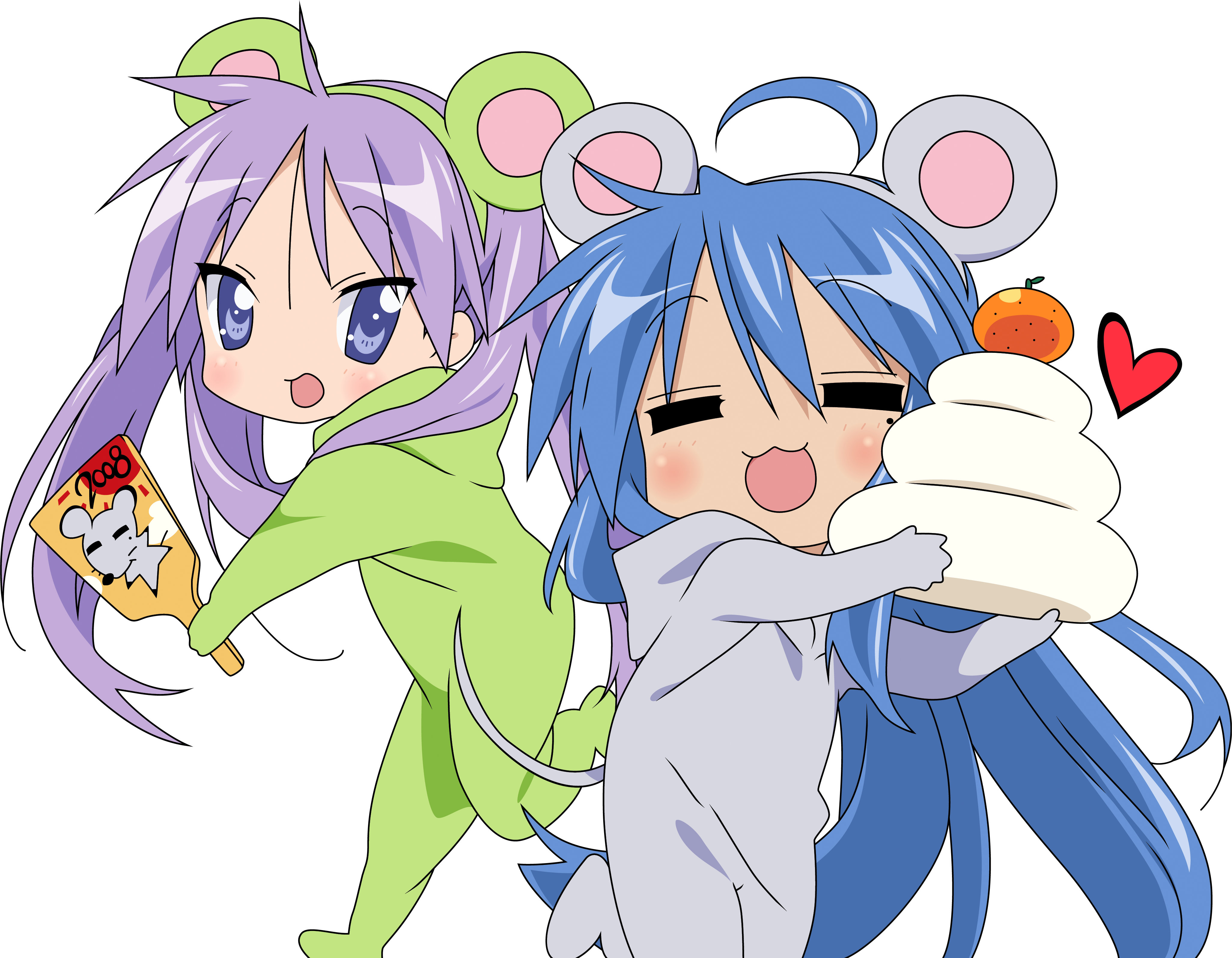 hiiragi kagami, izumi konata, lucky star, absurdres, derivative work, highres, vector trace, 00s, 2girls, blue eyes, blue hair, chibi, closed eyes, long hair, mole, mole under eye, multiple girls, purple hair, transparent background