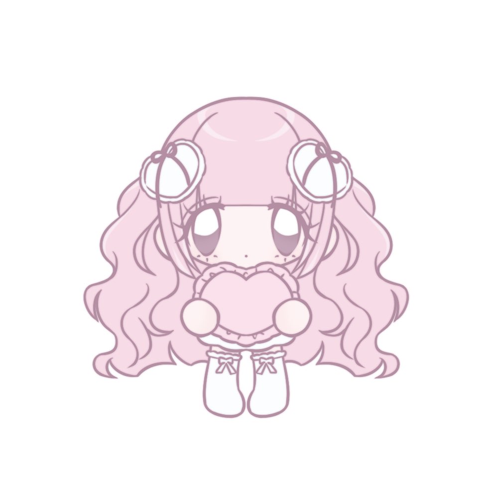 original, commentary, english commentary, 1girl, brown eyes, chibi, chibi only, closed mouth, dot mouth, dress, frilled pillow, frills, hair ornament, heart, heart-shaped pillow, heart hair ornament, holding, holding pillow, long hair, looking at viewer, pastel colors, pillow, pink hair, pink ribbon, pink theme, pumpum, ribbon, simple background, solo, standing, thighhighs, very long hair, wavy hair, white background, white dress, white thighhighs