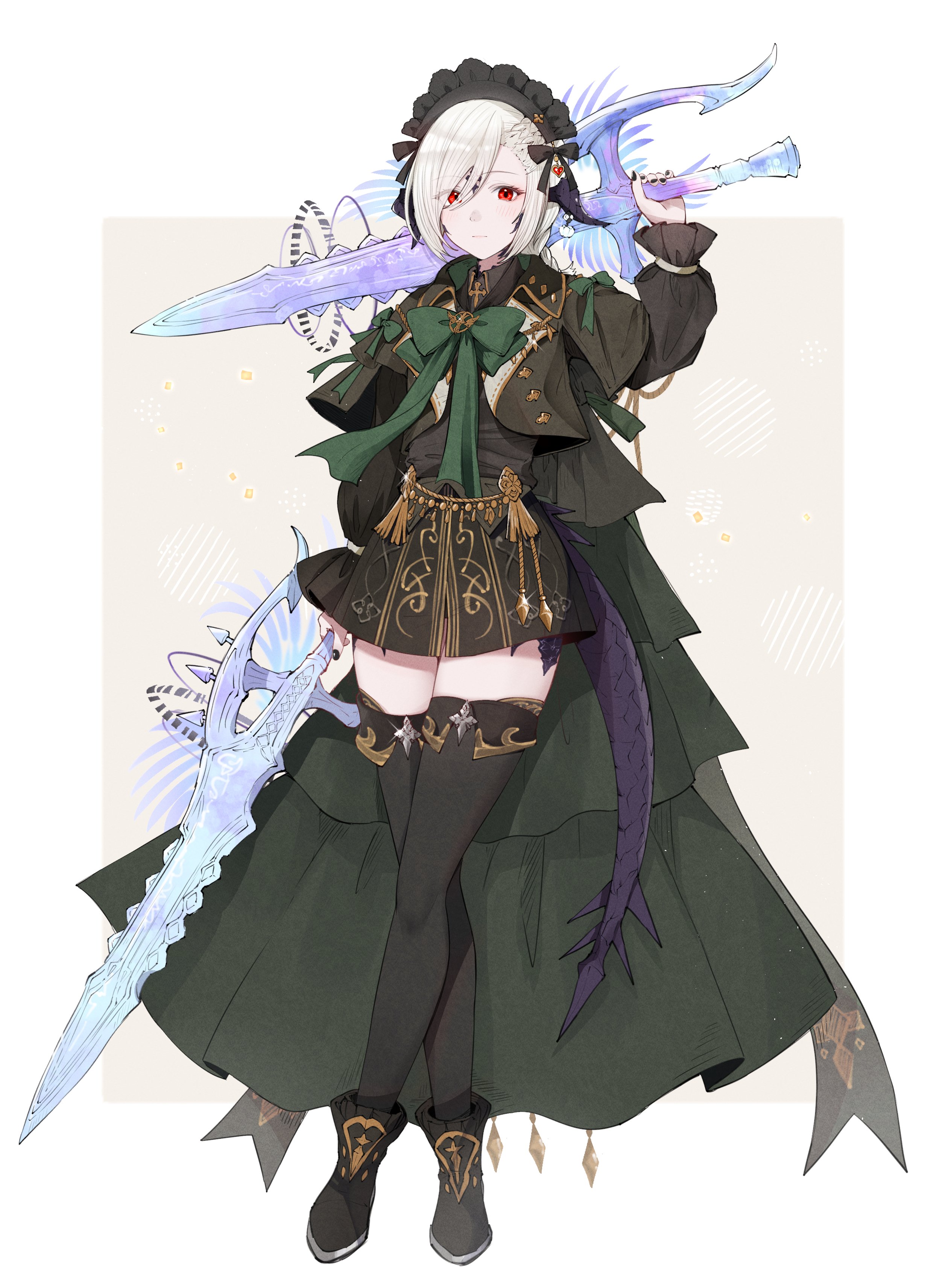 mokokoiro, warrior of light (ff14), final fantasy, final fantasy xiv, absurdres, commission, highres, skeb commission, 1girl, au ra, black nails, black shoes, black skirt, black thighhighs, bow, brown jacket, cape, dragon girl, dragon horns, dragon tail, dual wielding, green bow, holding, holding sword, holding weapon, horns, jacket, looking at viewer, maid headdress, red eyes, scales, shoes, skirt, solo, sword, tail, thighhighs, weapon, white hair