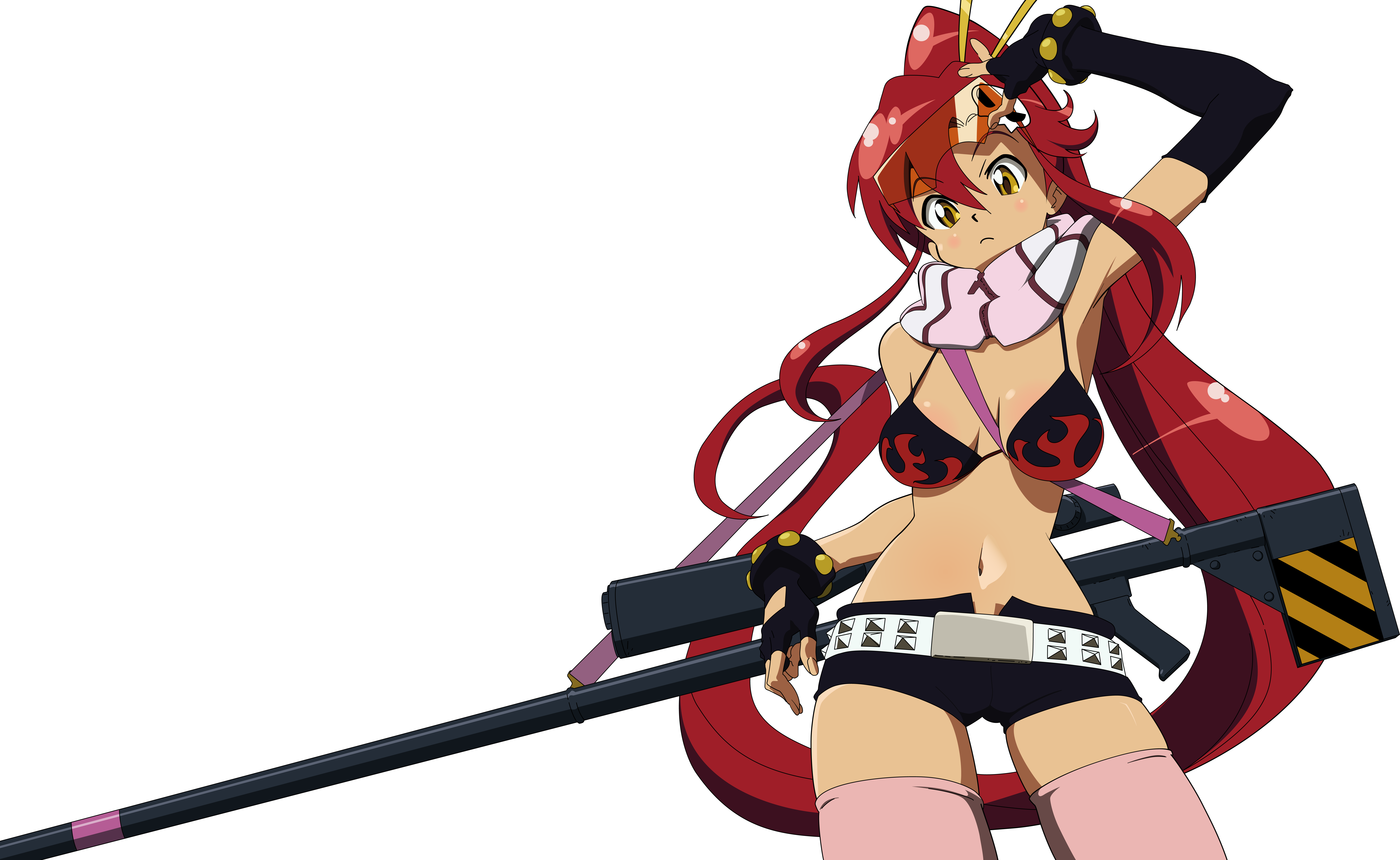 yoko littner, tengen toppa gurren lagann, absurdres, derivative work, highres, vector trace, 00s, 1girl, bikini, bikini top only, breasts, cleavage, cowboy shot, female focus, gloves, gun, hair ornament, ponytail, red hair, safety glasses, scarf, short shorts, shorts, solo, striped clothes, striped scarf, sunglasses, sunglasses on head, swimsuit, thighhighs, tinted eyewear, transparent background, weapon, yellow-tinted eyewear