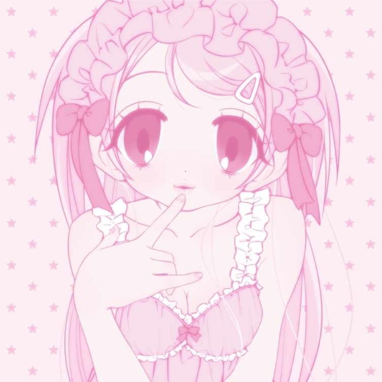 original, 1girl, breasts, camisole, cleavage, collarbone, finger to mouth, frilled camisole, frills, hair ornament, hairband, hairclip, lolita hairband, long hair, looking at viewer, medium breasts, pastel colors, patterned background, pink camisole, pink eyes, pink hair, pink lips, pink ribbon, pink theme, pumpum, ribbon, solo, star (symbol), star symbol background, upper body, very long hair