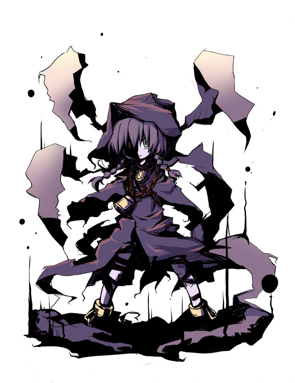 dorua (dollar), curse maker, curse maker 2, atlus, etrian odyssey, 1girl, black ribbon, braid, brown hair, capelet, chain, chain necklace, cloak, closed mouth, cuffs, dress, female focus, flat chest, full body, green eyes, heterochromia, hood, hooded cloak, jewelry, leg ribbon, legs apart, light frown, long hair, looking at viewer, necklace, red eyes, ribbon, shackles, shaded face, simple background, solo, standing, twin braids, twintails, weapon, white background