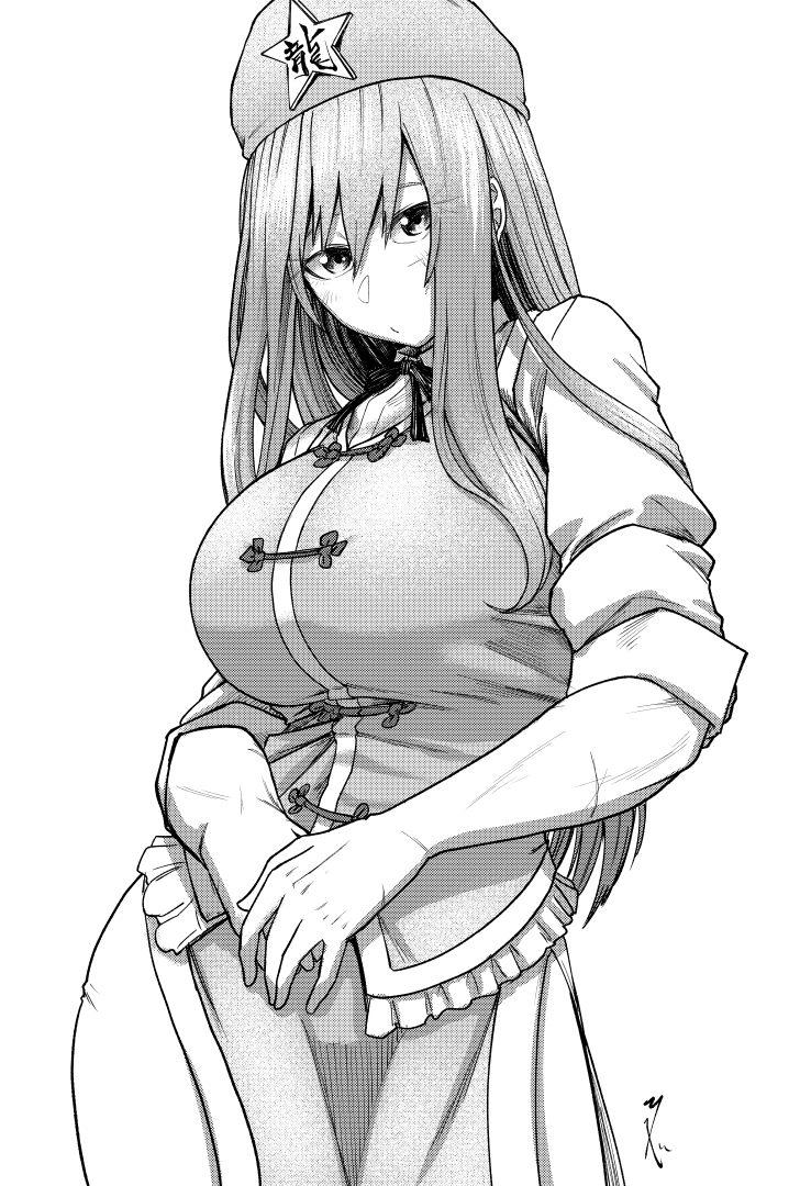 koyubi (littlefinger1988), hong meiling, touhou, 1girl, beret, breasts, china dress, chinese clothes, closed mouth, cowboy shot, dress, frilled vest, frills, greyscale, hair over shoulder, hat, hat ornament, large breasts, long hair, monochrome, neck ribbon, ribbon, scar, shirt, sleeves rolled up, solo, star (symbol), star hat ornament, vest