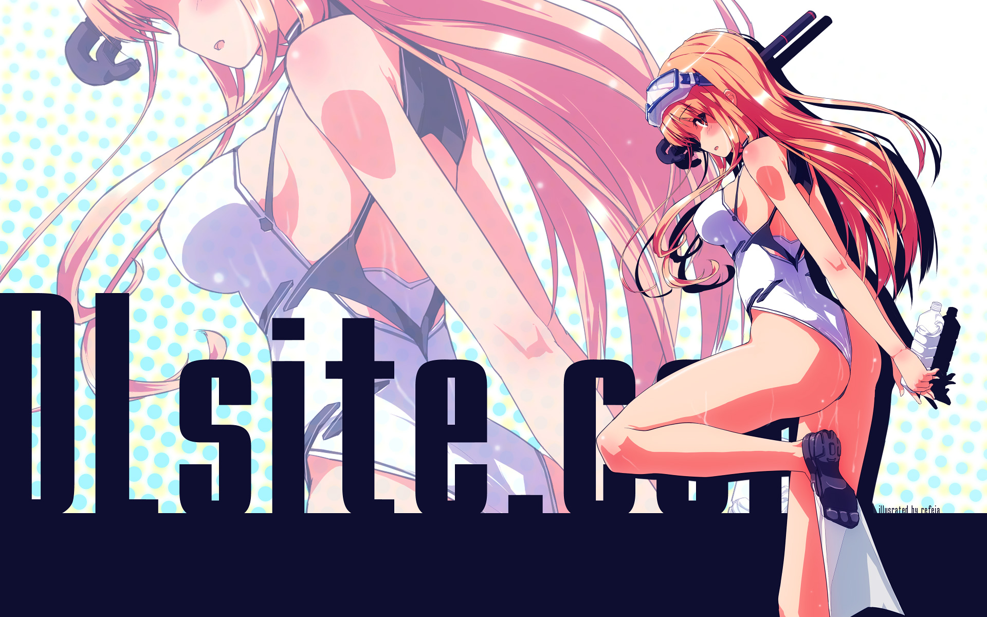 refeia, rumblefish, dille blood, dlsite.com, highres, 1girl, arms behind back, blush, bottle, diving mask, female focus, flippers, goggles, legs, long hair, long legs, looking back, one-piece swimsuit, open mouth, orange hair, shadow, snorkel, solo, standing, standing on one leg, swimsuit, thighs, water bottle, wet, zoom layer