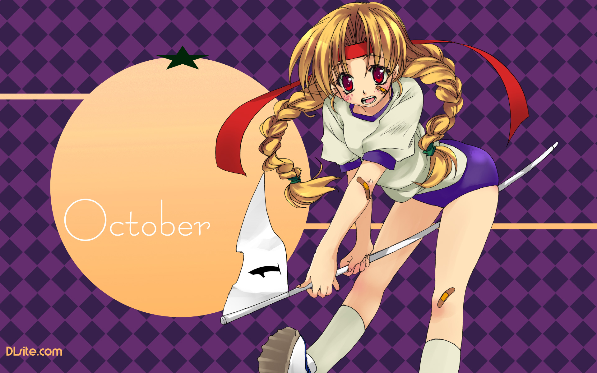 malino (dream maker), premium-chan, dlsite.com, highres, 1girl, bandaid, bandaid on face, bandaid on knee, bandaid on leg, bent over, blonde hair, blush, braid, buruma, female focus, flag, gym uniform, headband, long hair, numbered flag, purple buruma, red eyes, shoes, sneakers, socks, solo, twin braids, white flag