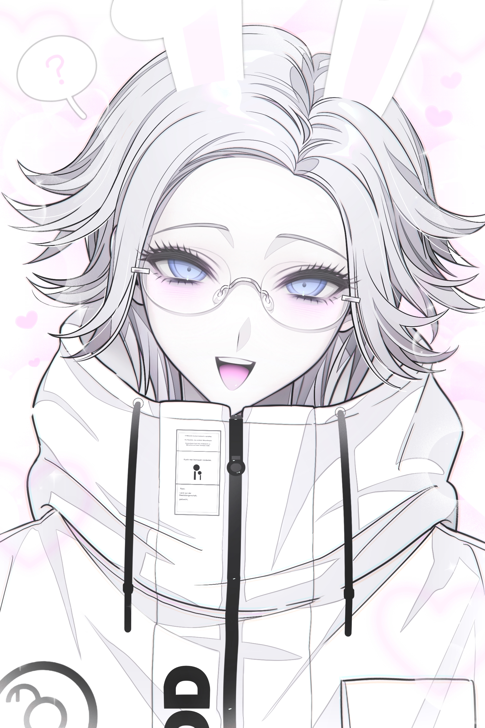 aotsuki eito, the hundred line -last defense academy-, absurdres, chinese commentary, commentary, highres, variant set, 1boy, :d, ?, animal ears, blue eyes, glasses, grey hair, heart, jacket, kemonomimi mode, looking at viewer, male focus, open mouth, rabbit boy, rabbit ears, short hair, smile, solo, spoken question mark, teeth, upper body, upper teeth only, wdhydbkyhl888, white background, white jacket