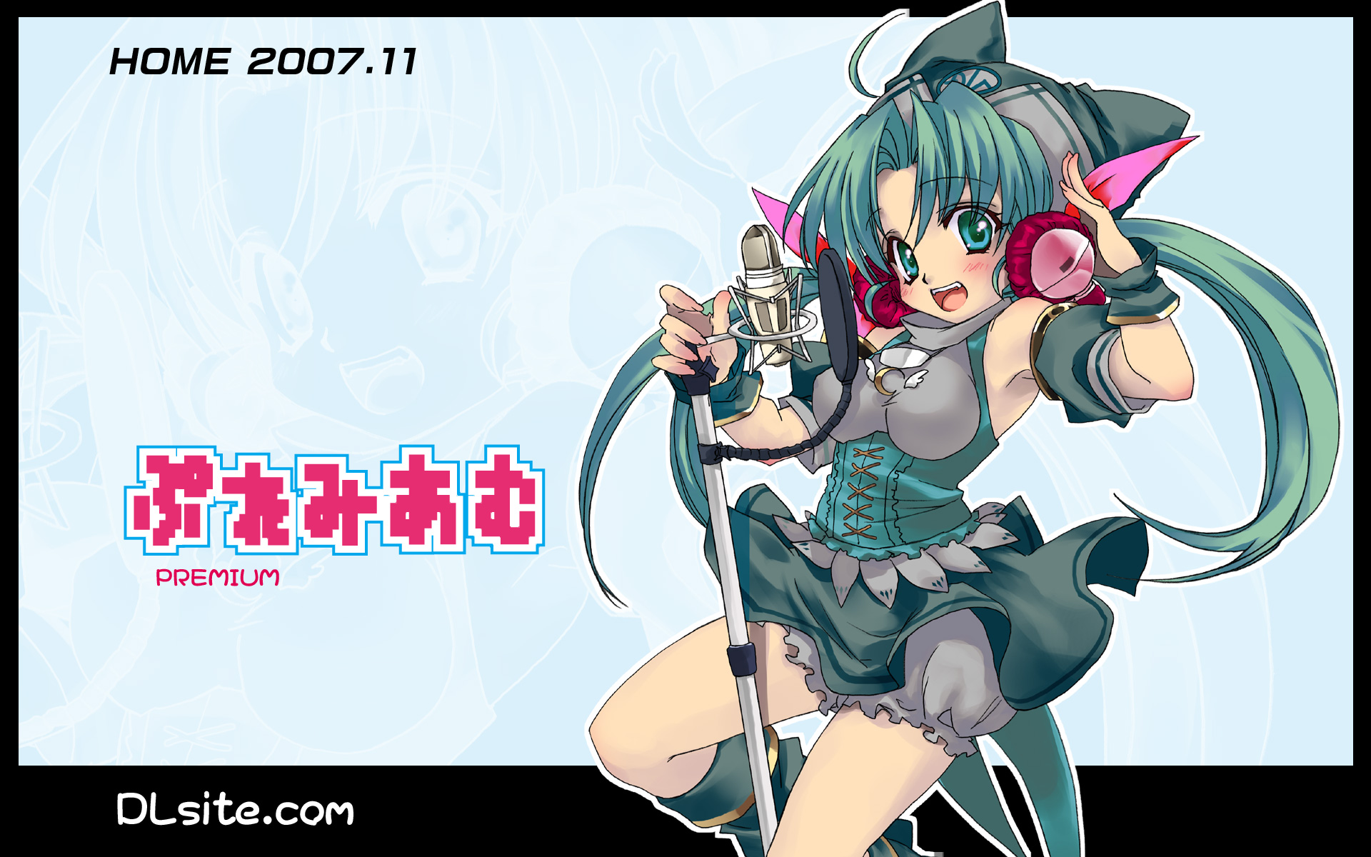 malino (dream maker), premium-chan, dlsite.com, highres, 1girl, animal hat, bloomers, corset, dress, female focus, hat, headphones, microphone, microphone stand, solo, underwear, zoom layer