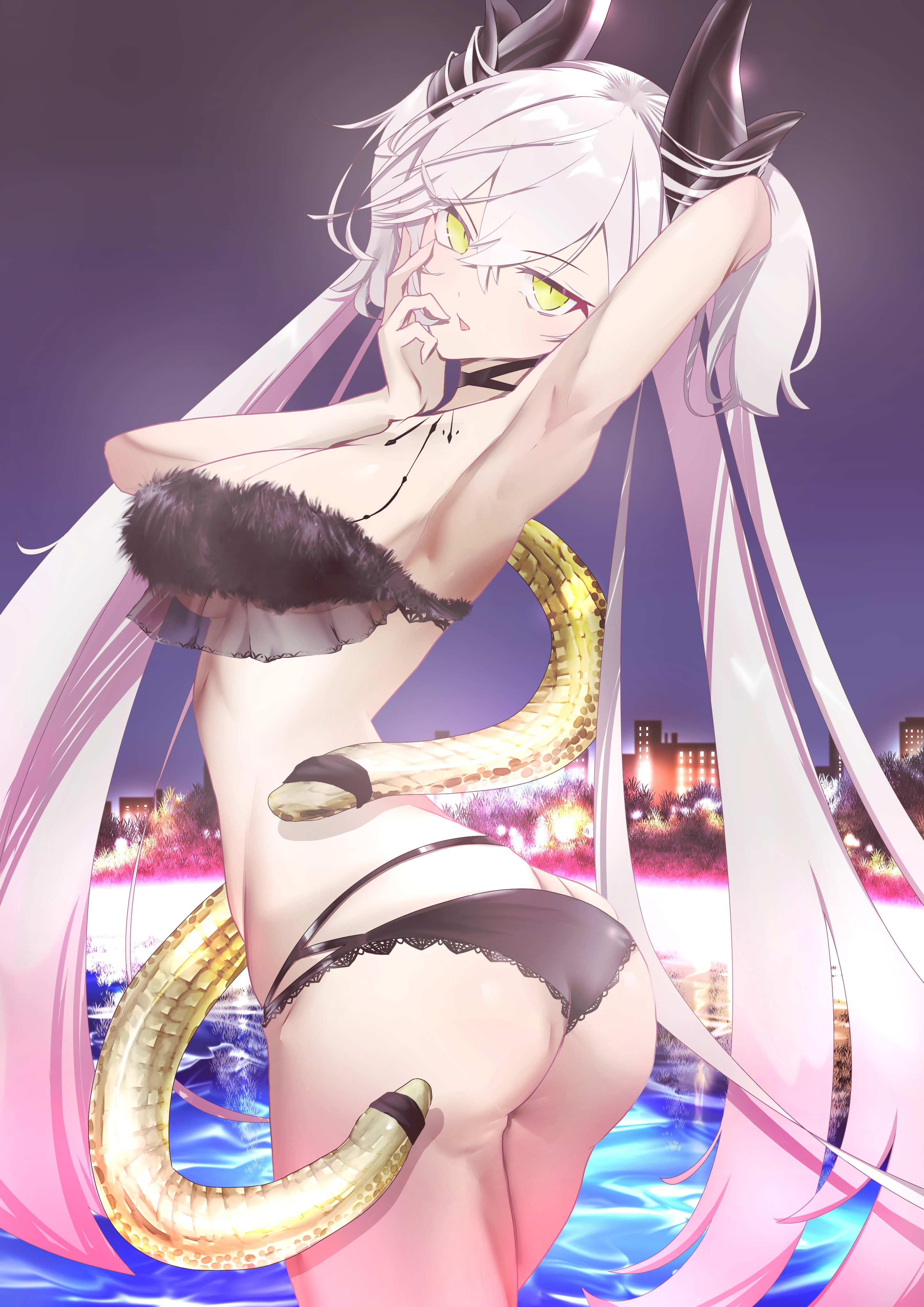 beatrix vivi, lilith (fate), lilith (second ascension) (fate), fate/grand order, fate (series), absurdres, highres, 1girl, ass, bare shoulders, bikini, black bikini, body markings, breasts, choker, crossed bangs, demon girl, demon horns, green eyes, grey hair, hair between eyes, horns, large breasts, long hair, looking at viewer, pool, snake, solo, swimsuit, thighs, twintails, very long hair