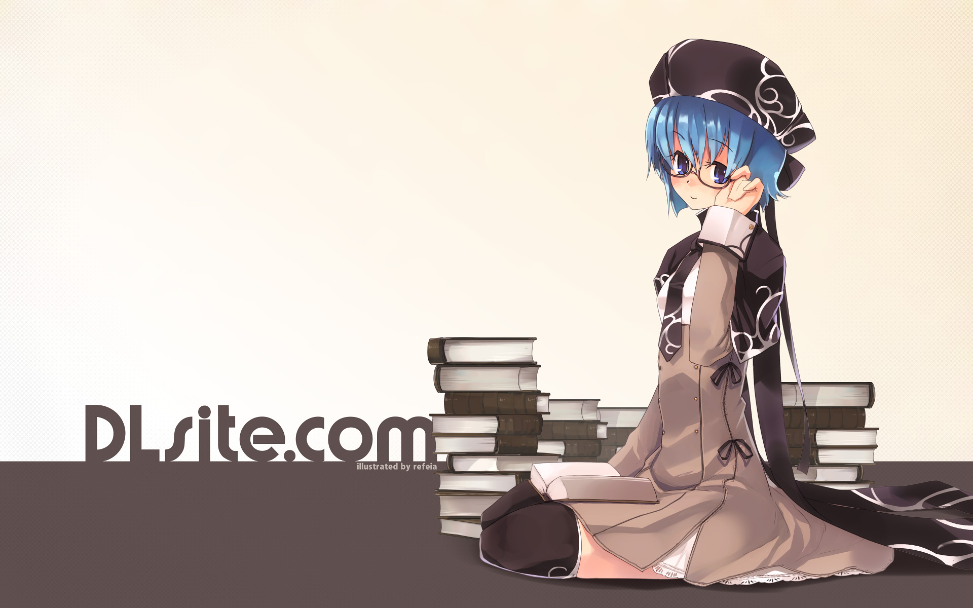 refeia, rumblefish, elle sweet, dlsite.com, highres, 1girl, adjusting eyewear, black hat, black necktie, book, female focus, from side, glasses, grey theme, hat, kneeling, necktie, sitting, solo, watermark, web address