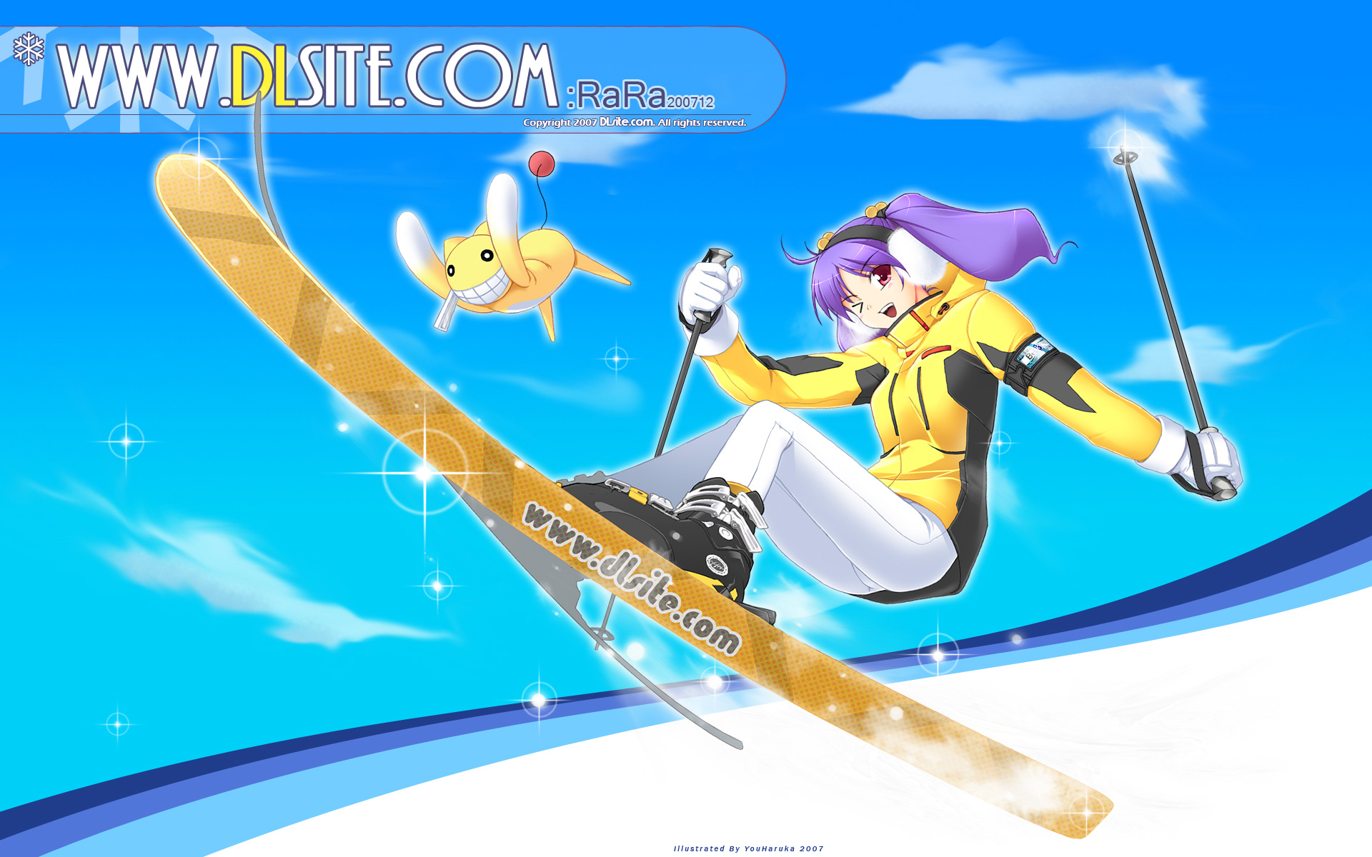 you haruka, rara (you haruka), ziptan, dlsite.com, original, highres, 1girl, earmuffs, female focus, one eye closed, purple hair, skiing, skis, solo, twintails, wink