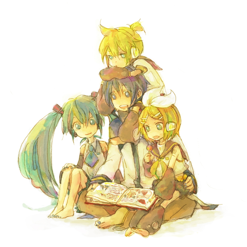 den, hatsune miku, kagamine len, kagamine rin, kaito (vocaloid), vocaloid, 2boys, 2girls, :d, aqua hair, black leg warmers, blonde hair, blue eyes, blue hair, blue necktie, book, bow, bow headband, candy, coat, detached sleeves, food, hair between eyes, hair ornament, hairclip, headphones, holding, holding book, holding candy, holding food, holding lollipop, indian style, knees up, leg warmers, lollipop, long hair, multiple boys, multiple girls, neckerchief, necktie, open mouth, ponytail, puffy sleeves, short hair, short ponytail, shorts, sitting, sitting on lap, sitting on person, sleeveless, smile, twintails, white coat, yellow neckerchief