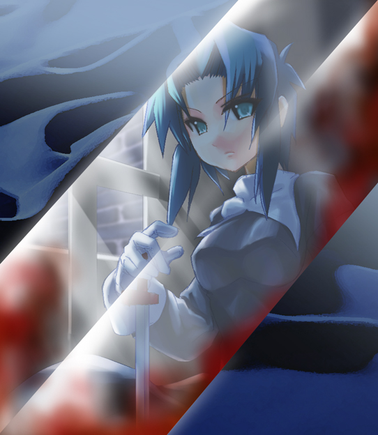 ciel (tsukihime), tsukihime, 00s, black keys (type-moon), blood, blue eyes, blue hair, reflection, solo, sword, weapon