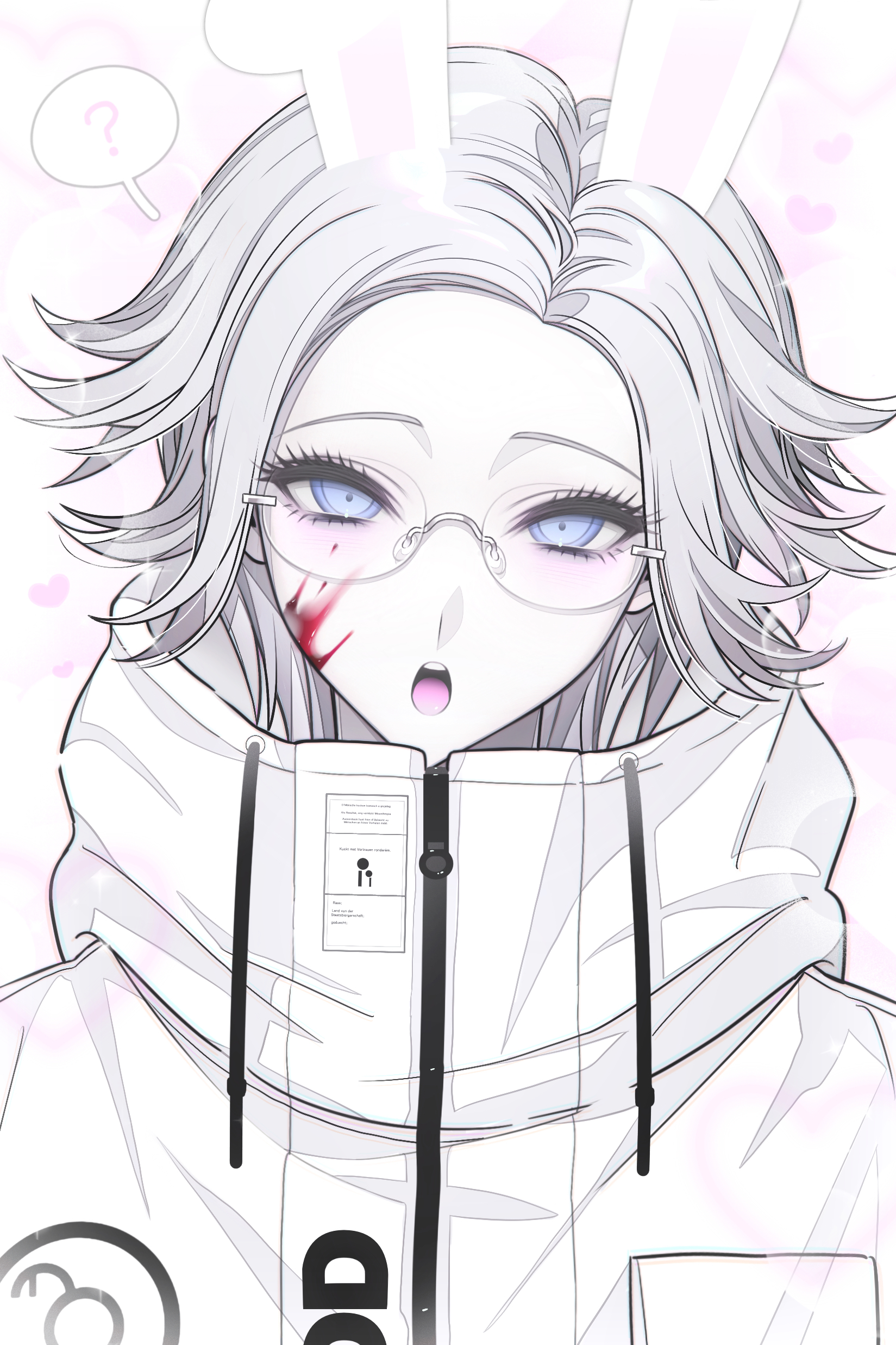 aotsuki eito, the hundred line -last defense academy-, absurdres, chinese commentary, commentary, highres, variant set, 1boy, :o, ?, animal ears, blood, blood on face, blue eyes, glasses, grey hair, heart, jacket, kemonomimi mode, looking at viewer, male focus, rabbit boy, rabbit ears, short hair, smile, solo, spoken question mark, teeth, upper body, upper teeth only, wdhydbkyhl888, white background, white jacket