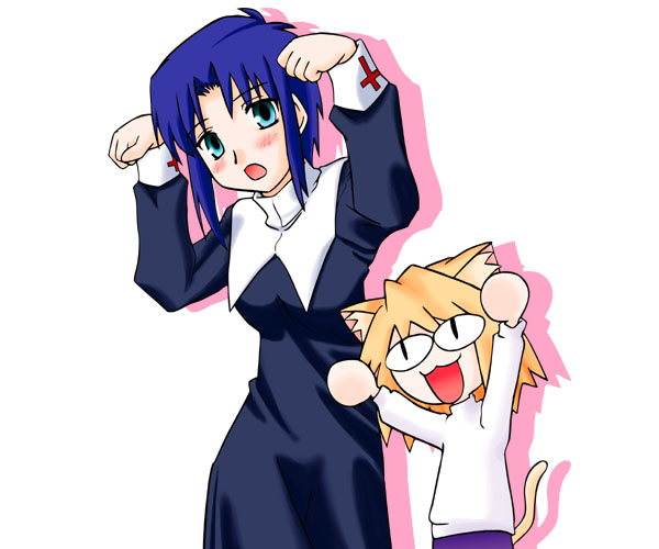 kairakuen umenoka, ciel (tsukihime), neco-arc, tsukihime, 00s, 2girls, :d, animal ears, arms up, black dress, blue hair, blush, caramelldansen, cat ears, cat tail, collar, dress, green eyes, long sleeves, multiple girls, open mouth, short hair, size difference, smile, standing, sweater, tail