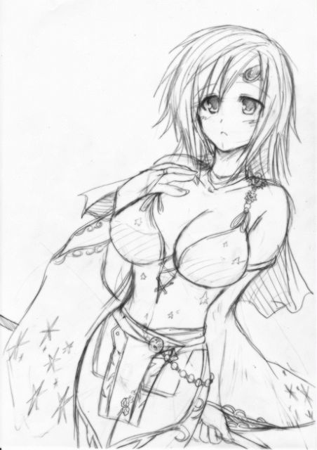 yasakani an, rydia (adult) (ff4), rydia (ff4), final fantasy, final fantasy iv, 1990s (style), 1girl, breasts, cleavage, female focus, greyscale, monochrome, retro artstyle, simple background, solo, thighhighs