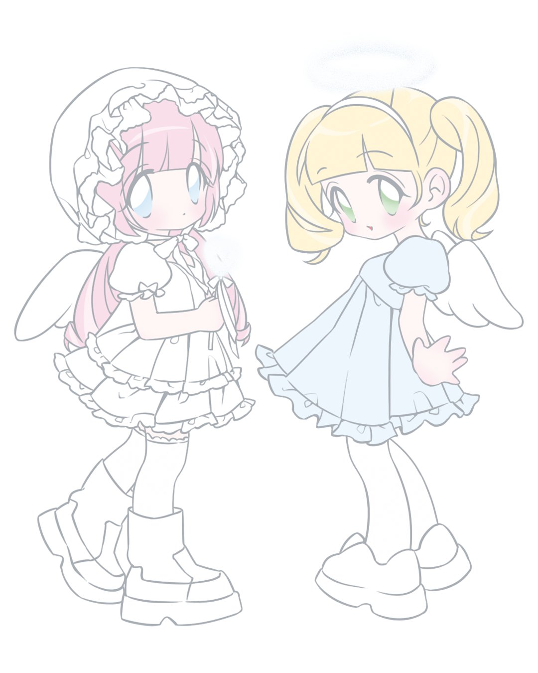 original, highres, 2girls, angel, angel wings, blonde hair, blue dress, blue eyes, bonnet, boots, dress, frilled bonnet, frilled dress, frills, green eyes, hairband, light blush, long hair, looking at viewer, multiple girls, open mouth, pastel colors, pink hair, puffy short sleeves, puffy sleeves, pumpum, ribbon, shoes, short sleeves, simple background, socks, thighhighs, twintails, white background, white bonnet, white boots, white dress, white hairband, white ribbon, white shoes, white socks, white thighhighs, wings