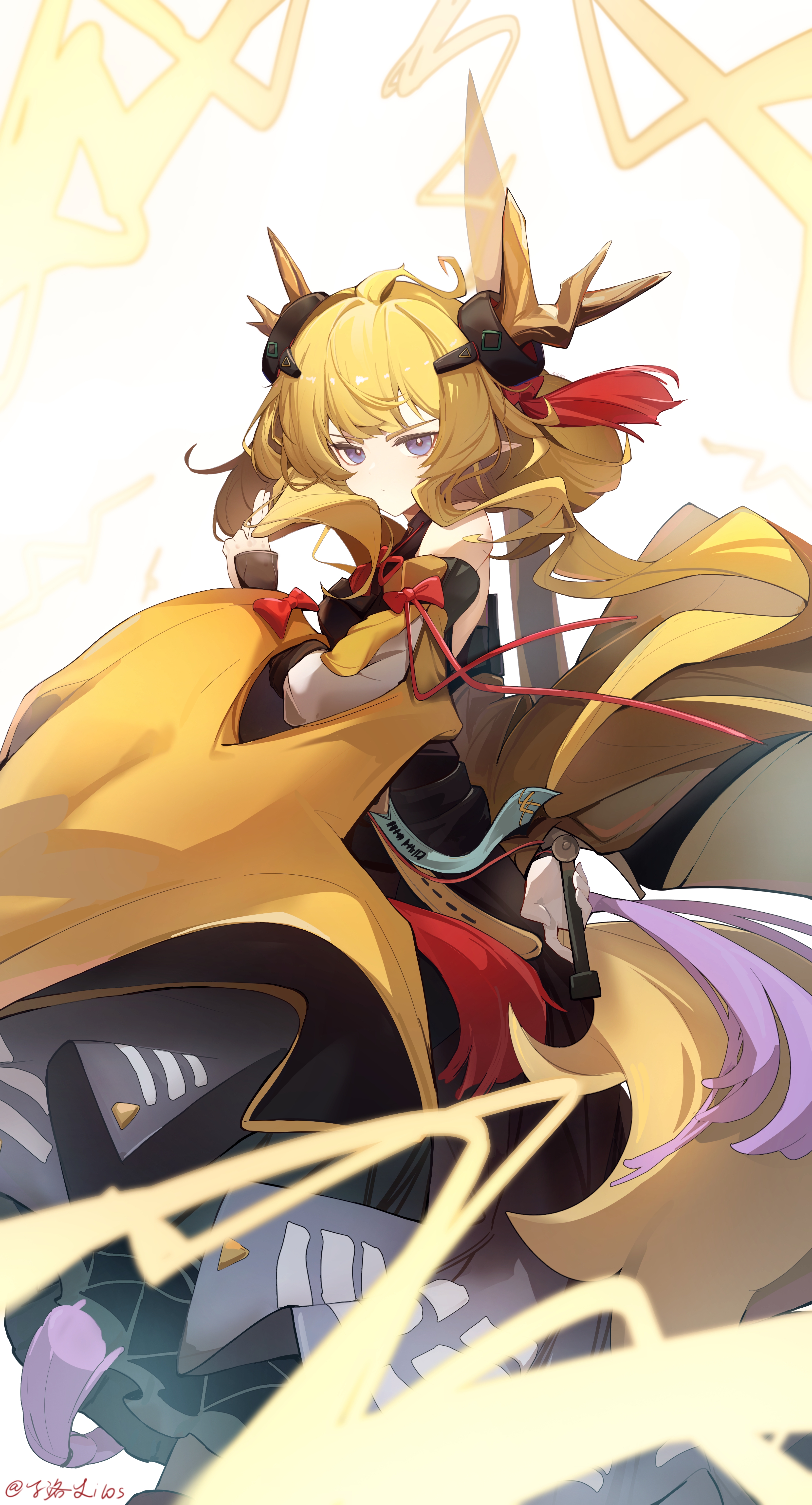 leizi (arknights), leizi the thunderbringer (arknights), arknights, absurdres, chinese commentary, commentary request, highres, 1girl, bare shoulders, blonde hair, bow, closed mouth, electricity, electrokinesis, hand up, light frown, long hair, looking at viewer, magic, purple eyes, red bow, red ribbon, ribbon, solo, white background, zi luo (zilos)