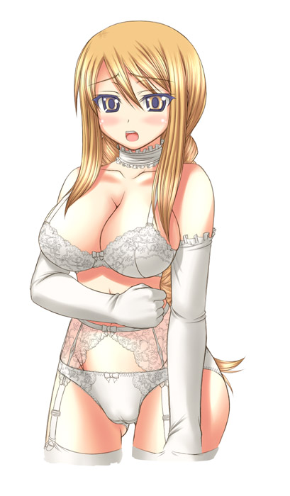 morimoto kiyona, agrias oaks, final fantasy, final fantasy tactics, 1girl, blonde hair, blush, bra, braid, breasts, cameltoe, elbow gloves, female focus, garter belt, gloves, huge breasts, lace, large breasts, lingerie, long hair, panties, pussy, single braid, solo, thighhighs, underwear, underwear only, yellow eyes