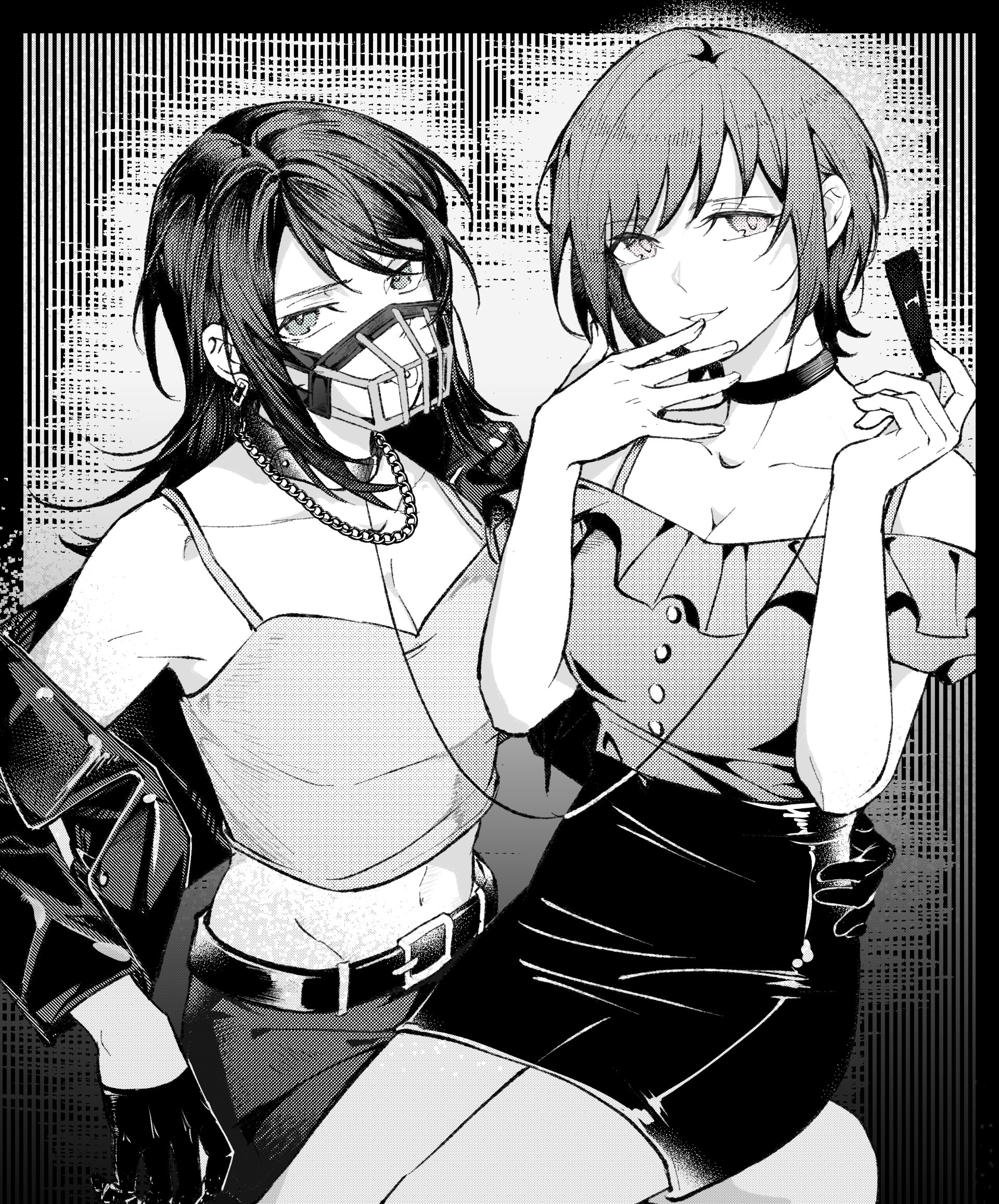 haoxiangkan nutong, yahata umiri, yuutenji nyamu, bang dream!, bang dream! it's mygo!!!!!, commentary, highres, 2girls, belt, breasts, camisole, choker, cleavage, earrings, holding, holding leash, jacket, jewelry, leash, looking at viewer, medium breasts, medium hair, multiple girls, muzzle (mask), on lap, piercing, short hair, sitting, skirt, tongue piercing, yuri