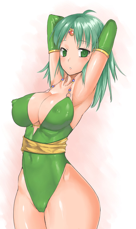 nagase haruhito, rydia (adult) (ff4), rydia (ff4), final fantasy, final fantasy iv, 1990s (style), 1girl, armpits, breasts, cleavage, covered erect nipples, elbow gloves, female focus, gloves, gradient background, green eyes, green hair, hip focus, large breasts, leotard, matching hair/eyes, nipples, retro artstyle, solo, wide hips
