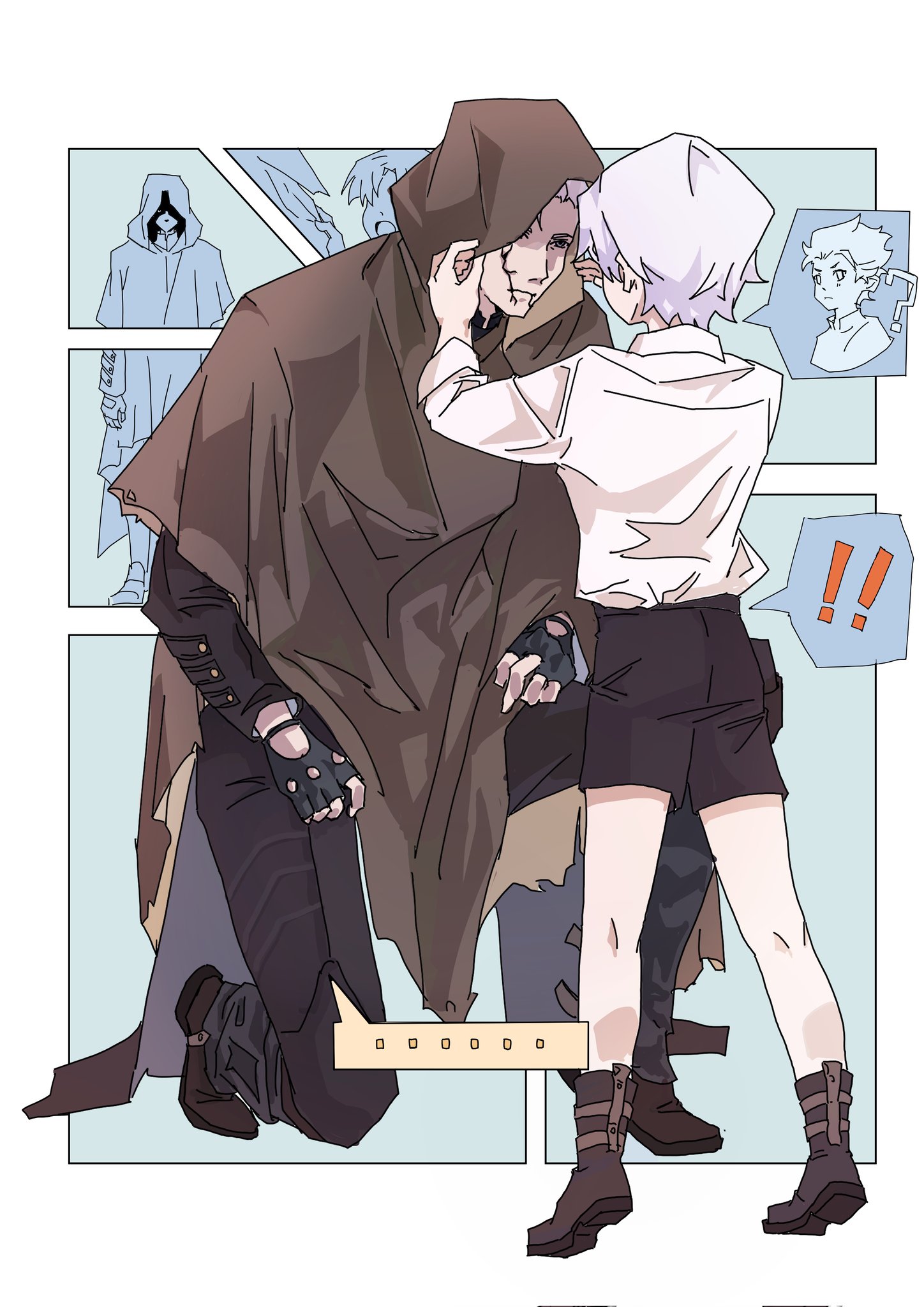 nero (devil may cry), vergil (devil may cry), devil may cry (series), devil may cry 5, highres, 2boys, aged down, bake latke, black gloves, blue coat, blue eyes, cloak, closed mouth, coat, father and son, fingerless gloves, gloves, hair slicked back, hood, hooded cloak, male focus, multiple boys, short hair, white hair