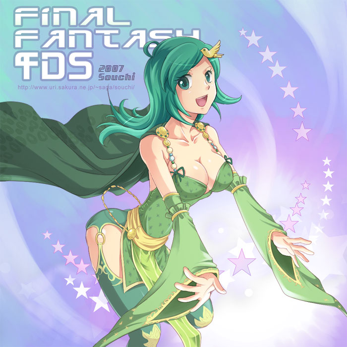 souchi, rydia (adult) (ff4), rydia (ff4), final fantasy, final fantasy iv, 1990s (style), 1girl, breasts, cleavage, detached sleeves, female focus, green eyes, green hair, large breasts, leaning forward, matching hair/eyes, retro artstyle, solo, thighhighs