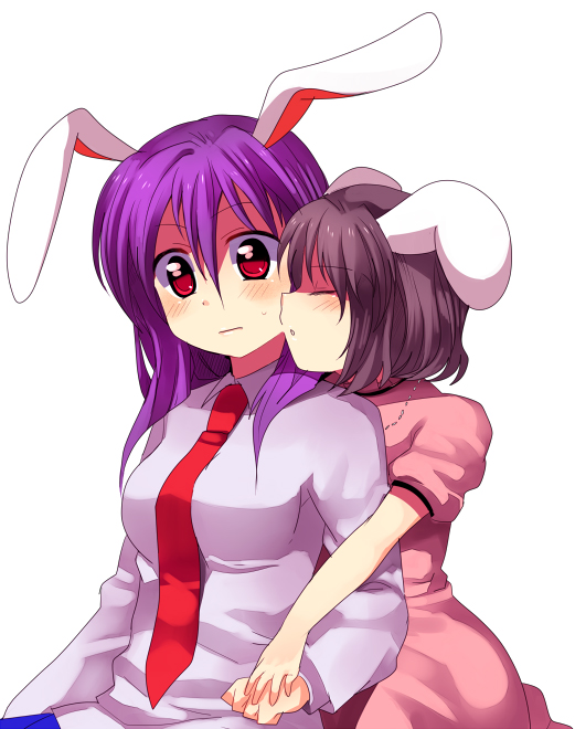 subaru (yachika), inaba tewi, reisen udongein inaba, touhou, 2girls, age difference, animal ears, child, female focus, multiple girls, onee-loli, rabbit ears, simple background, yuri