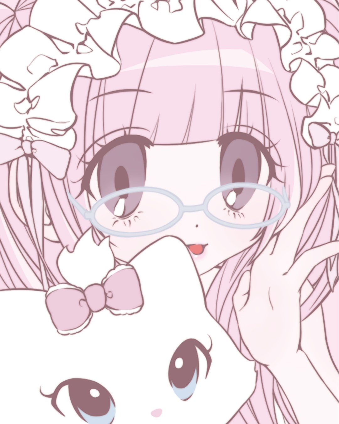 original, highres, 1girl, animal, blue eyes, bow, cat, close-up, dot nose, frilled hairband, frills, glasses, grey eyes, hairband, hand on own cheek, hand on own face, lolita hairband, long hair, looking at viewer, open mouth, pastel colors, pink bow, pink hair, pink ribbon, pink theme, pumpum, ribbon, round eyewear, smile, white-framed eyewear, white hairband
