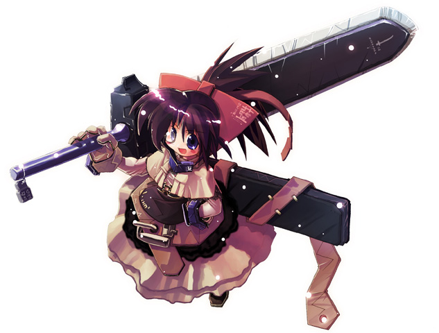 nanaroku (fortress76), 1girl, blue eyes, blush stickers, bow, female focus, gloves, gothic lolita, huge weapon, lolita fashion, monocle, ponytail, purple hair, simple background, smile, solo, steampunk, sword, weapon, white background