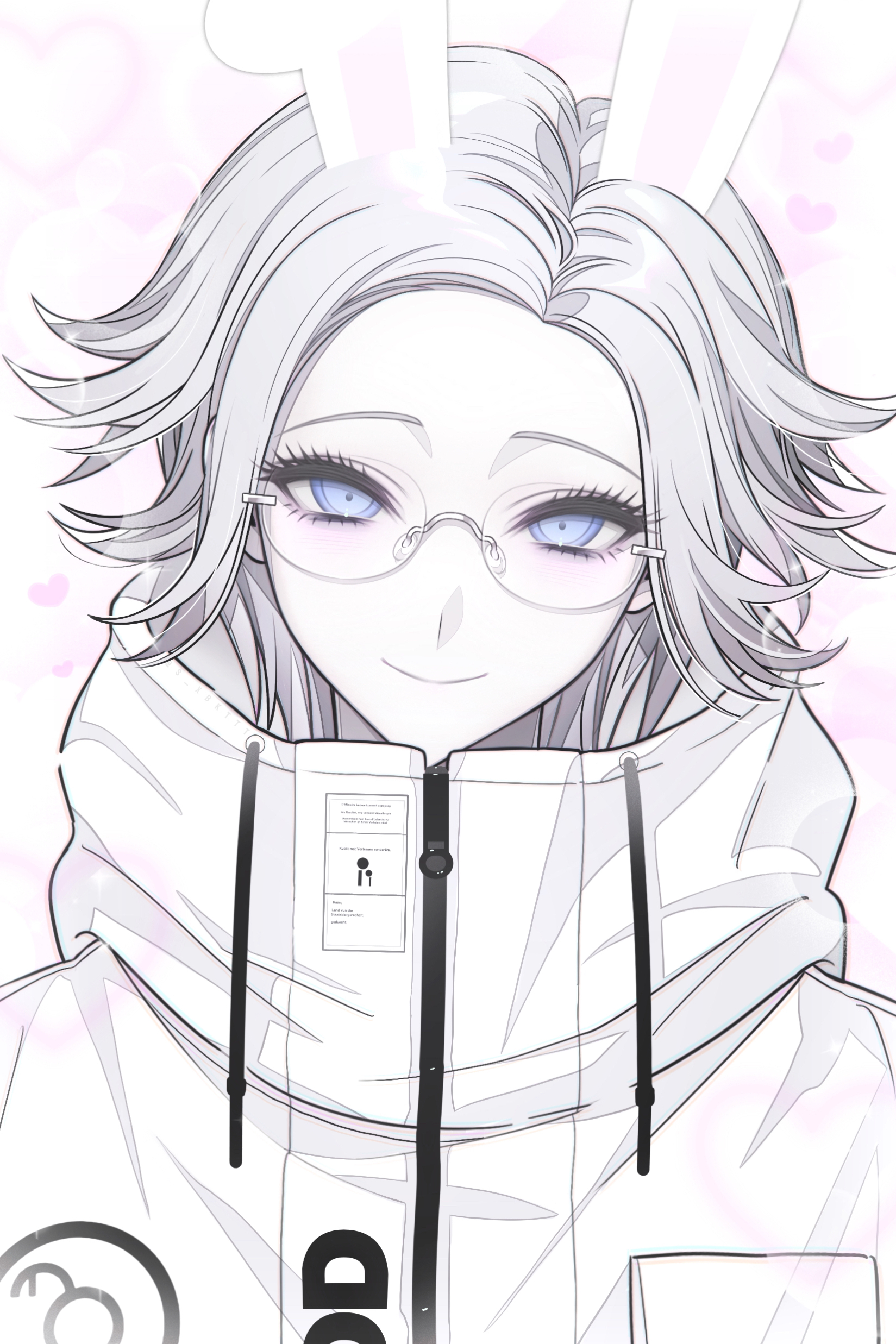 aotsuki eito, the hundred line -last defense academy-, absurdres, chinese commentary, commentary, highres, variant set, 1boy, animal ears, blue eyes, glasses, grey hair, heart, jacket, kemonomimi mode, looking at viewer, male focus, rabbit boy, rabbit ears, short hair, smile, solo, upper body, wdhydbkyhl888, white background, white jacket