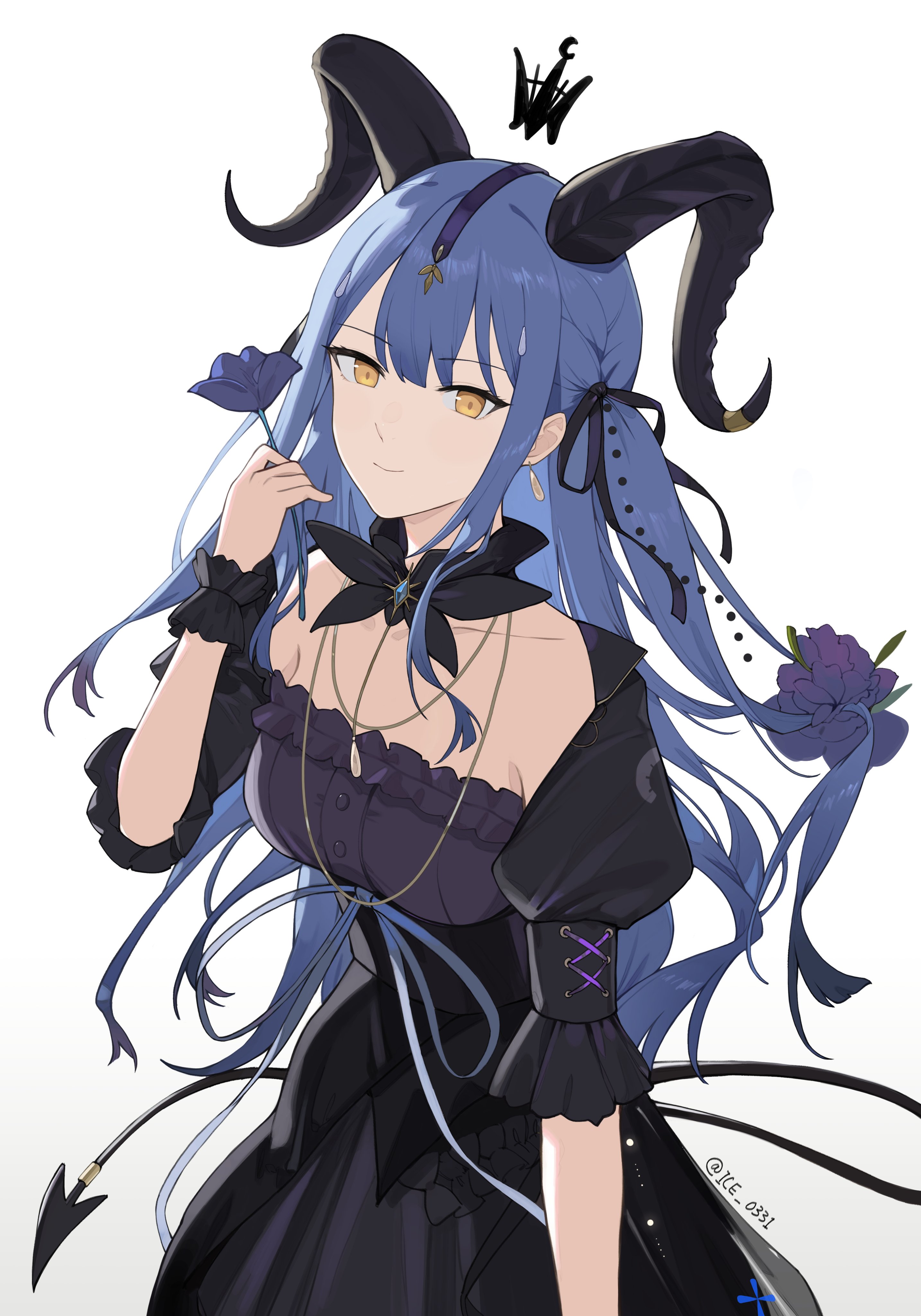 haizou bingsan, togawa sakiko, arknights, bang dream!, bang dream! it's mygo!!!!!, absurdres, commentary, highres, symbol-only commentary, 1girl, black dress, black ribbon, blue hair, closed mouth, dress, flower, hair ribbon, holding, holding flower, horns, long hair, looking at viewer, ribbon, short sleeves, sidelocks, simple background, solo, togawa sakiko (master of melodia), white background, yellow eyes