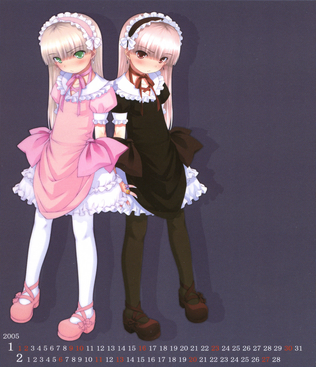 highres, 2girls, blonde hair, gothic lolita, green eyes, lace, lolita fashion, multiple girls, pantyhose, red eyes, shoes, siblings, sisters, twins