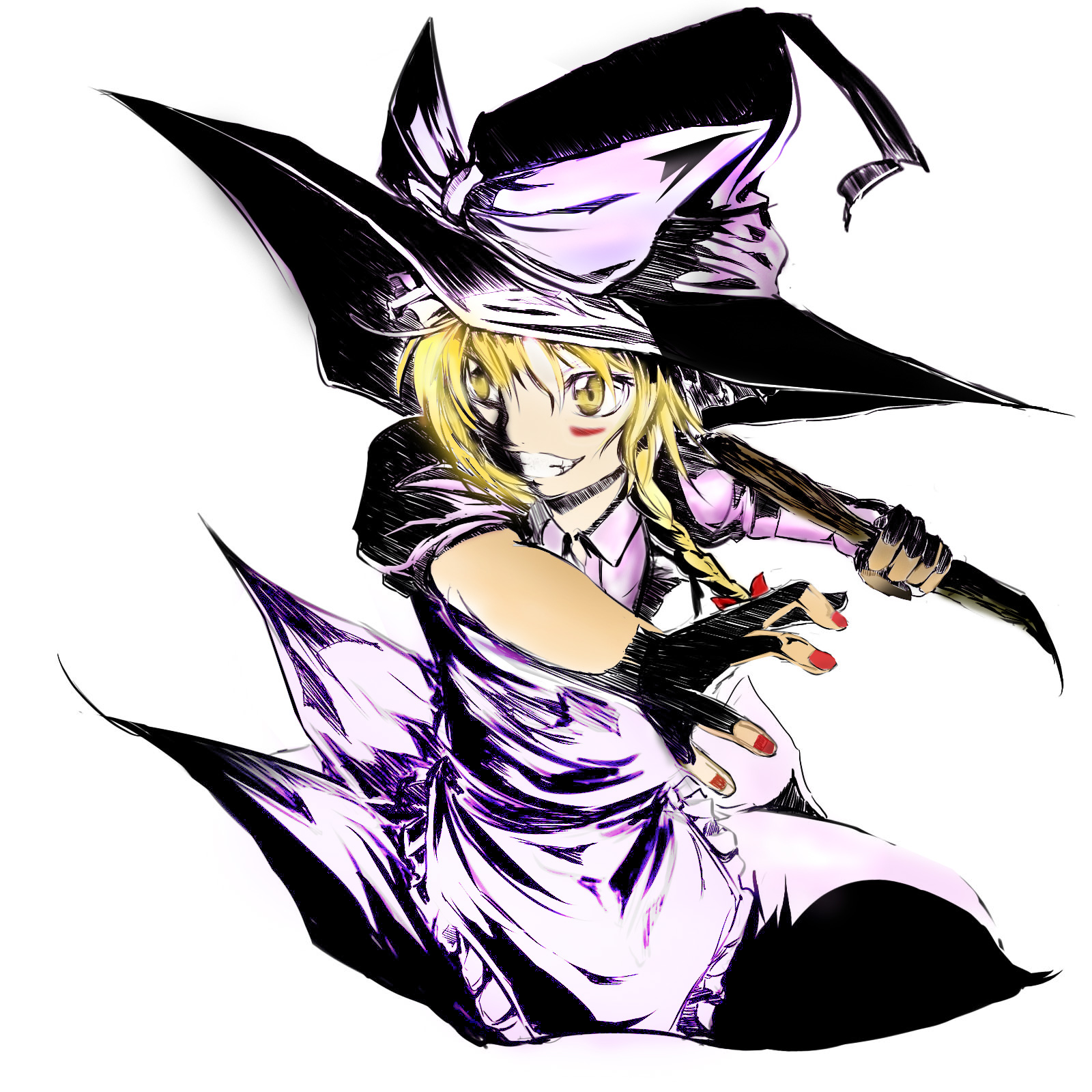 kirisame marisa, touhou, highres, 1girl, apron, black dress, black gloves, blonde hair, braid, dress, female focus, fingerless gloves, gloves, hat, long hair, nail polish, puffy short sleeves, puffy sleeves, red nails, short sleeves, simple background, single braid, solo, waist apron, white background, witch hat