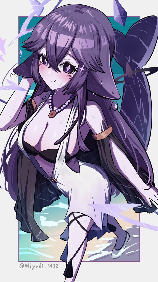megalodon (vtuber), indie virtual youtuber, highres, + +, 1girl, black bra, blush, border, bra, closed mouth, colored skin, dress, eyelashes, fins, fish tail, grey skin, halo, jewelry, long hair, miyabi (miyabi m38), necklace, purple eyes, purple hair, shark girl, shark tail, shoes, smile, solo, tail, twitter username, underwear, virtual youtuber, water, wet, white border, white dress, white shoes
