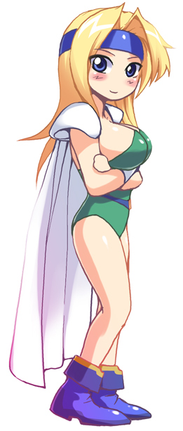 shinozuka jouji, celes chere, final fantasy, final fantasy vi, breast hold, 1990s (style), 1girl, ankle boots, armor, belt, blonde hair, blue boots, blue eyes, blush, boots, breasts, cape, chibi, cleavage, crossed arms, female focus, from side, full body, headband, huge breasts, large breasts, legs, leotard, light smile, long hair, looking at viewer, looking back, no nose, pauldrons, retro artstyle, shoulder armor, sideboob, simple background, smile, solo, standing, strapless, strapless leotard, white background, wristband